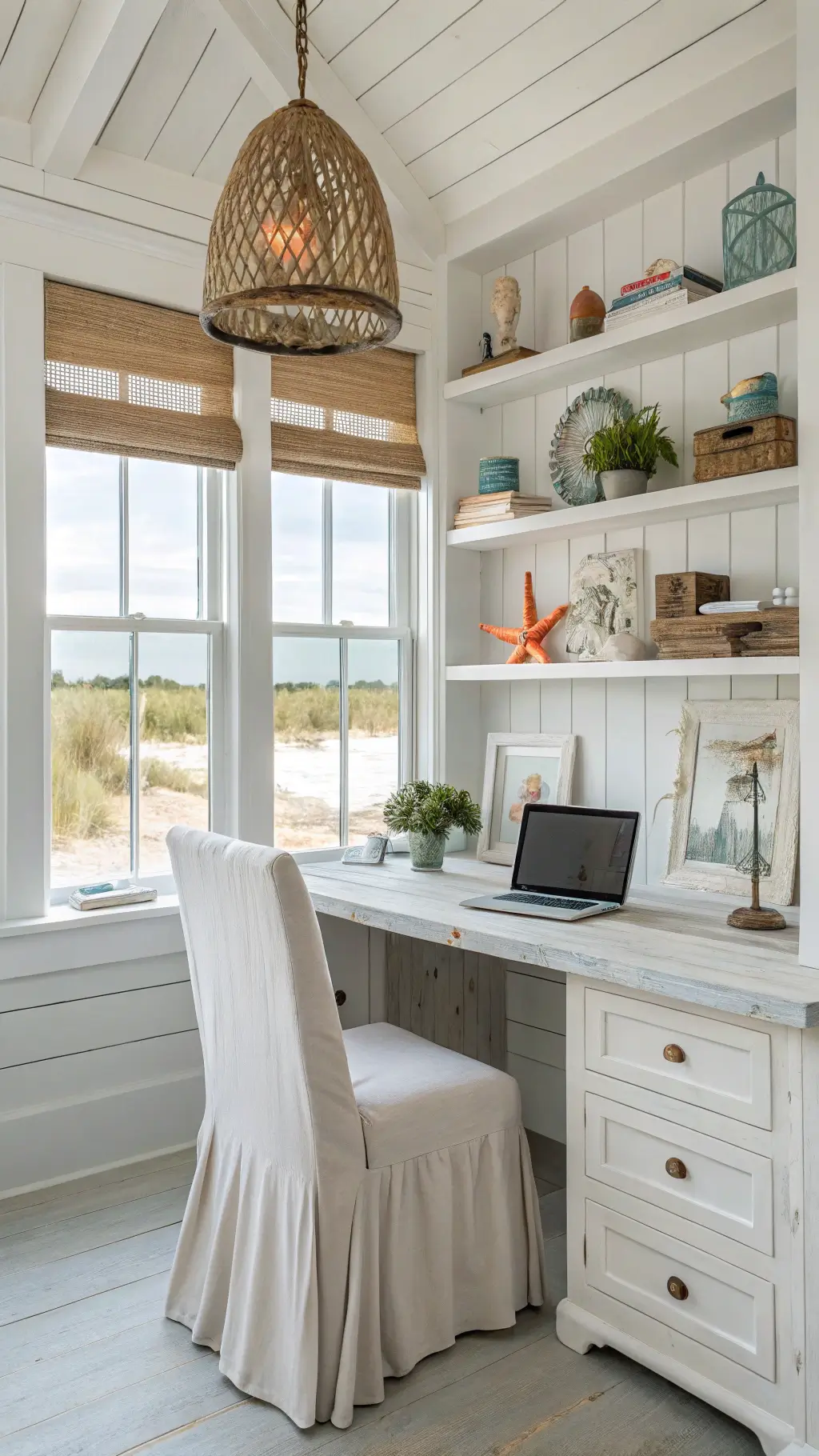 Casual coastal-themed workspace with natural light, whitewashed wood desk, slipcovered chair, coral and shell collections on floating shelves, woven pendant lamp
