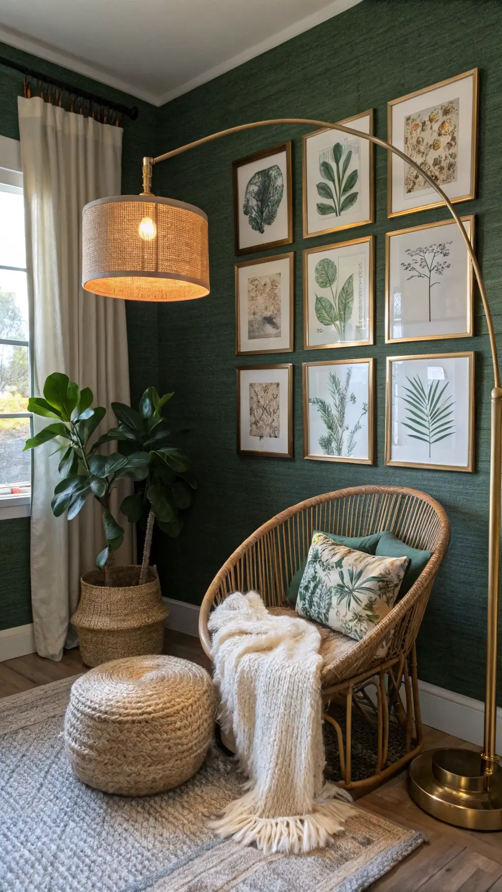 Rattan chair with cream throw beside botanical print gallery wall in a green bedroom, brass floor lamp, and jute pouf during morning blue hour.