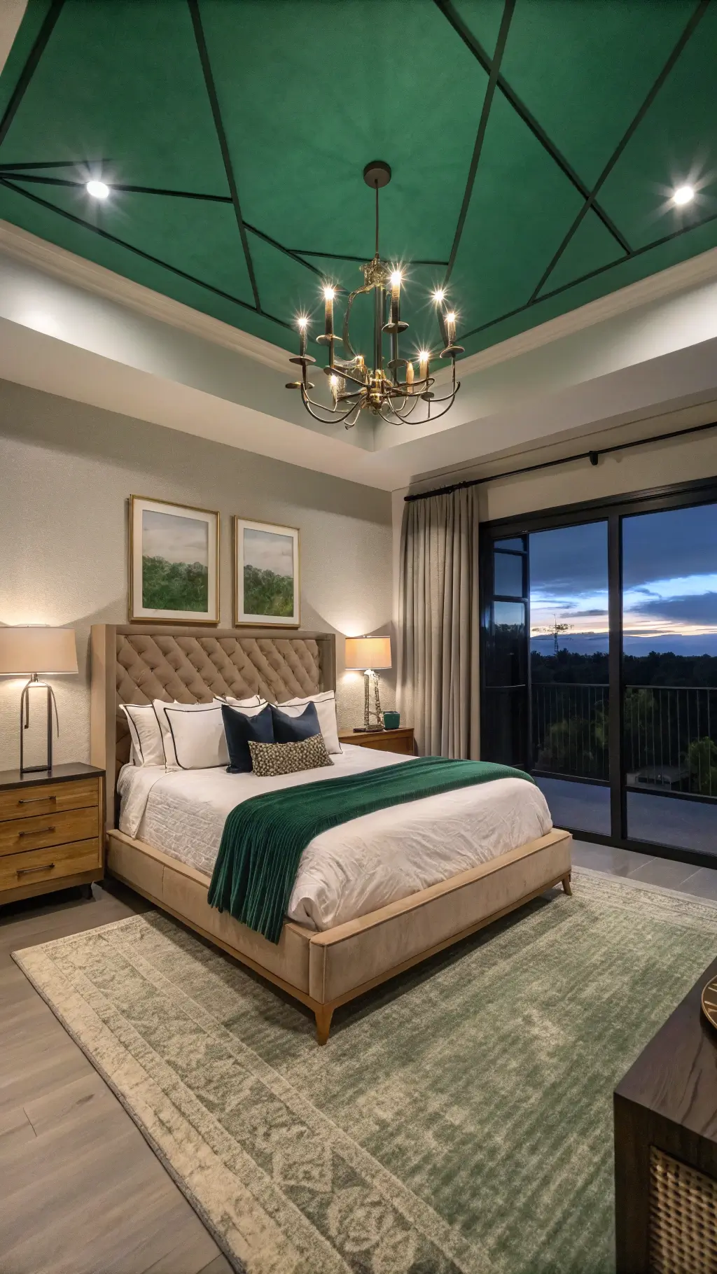 Modern 16x18ft bedroom at dusk with emerald green ceiling, contemporary chandelier, oak platform bed with sage linen headboard, layered bedding, floating nightstands, and floor-length curtains filtering twilight.