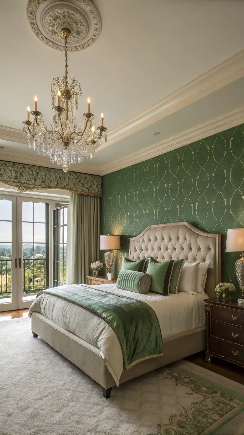 Luxurious 15x20ft master suite with king-sized bed, crystal chandelier, emerald silk wallpaper, mirrored nightstands, and French doors opening to a balcony at golden hour.