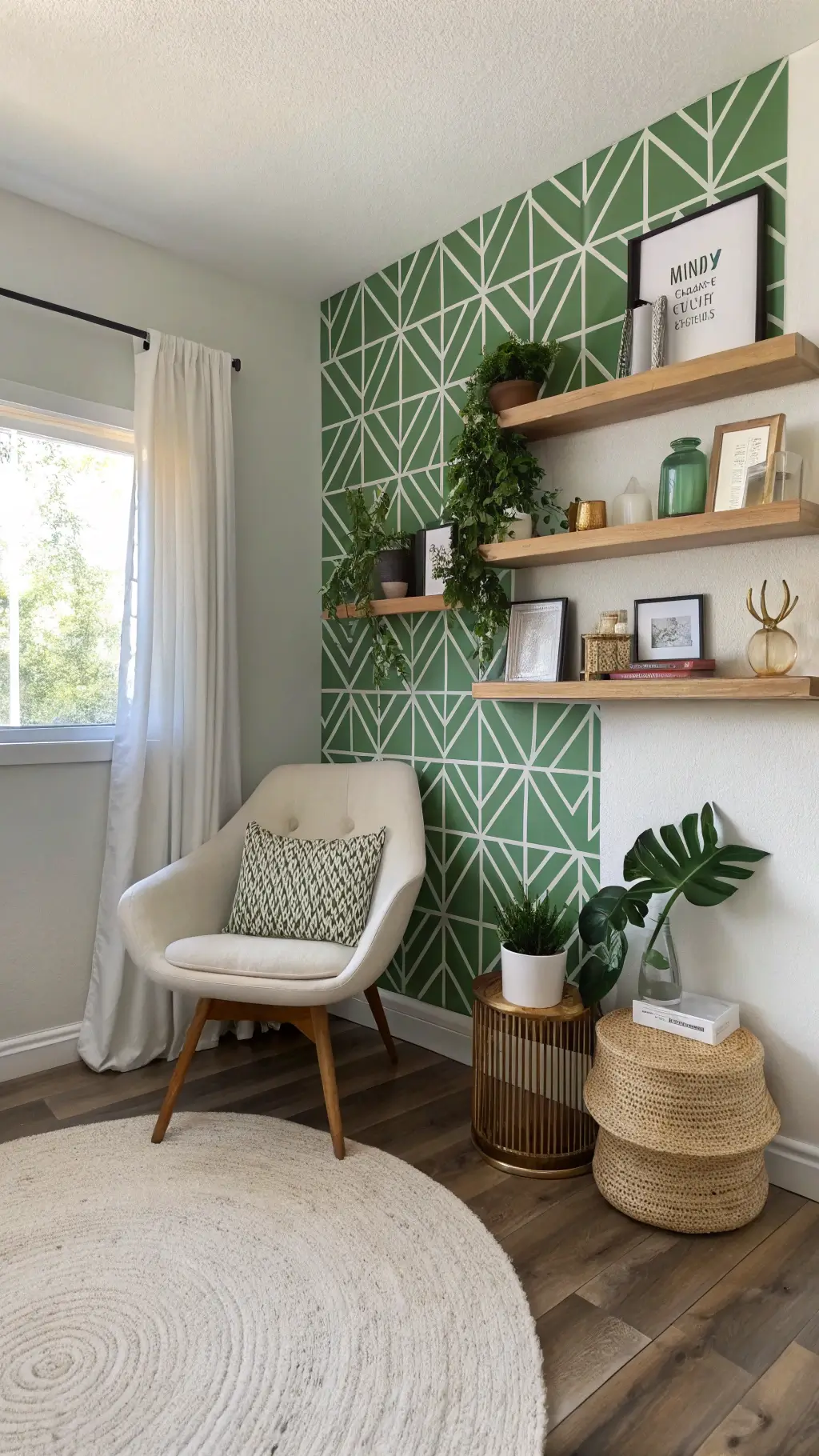 Modern bedroom corner with geometric green and white wallpaper, floating wood shelves decorated with brass objects, ceramics, plants, cream boucle chair, drink table on jute rug, set on oak floors lit by natural light.