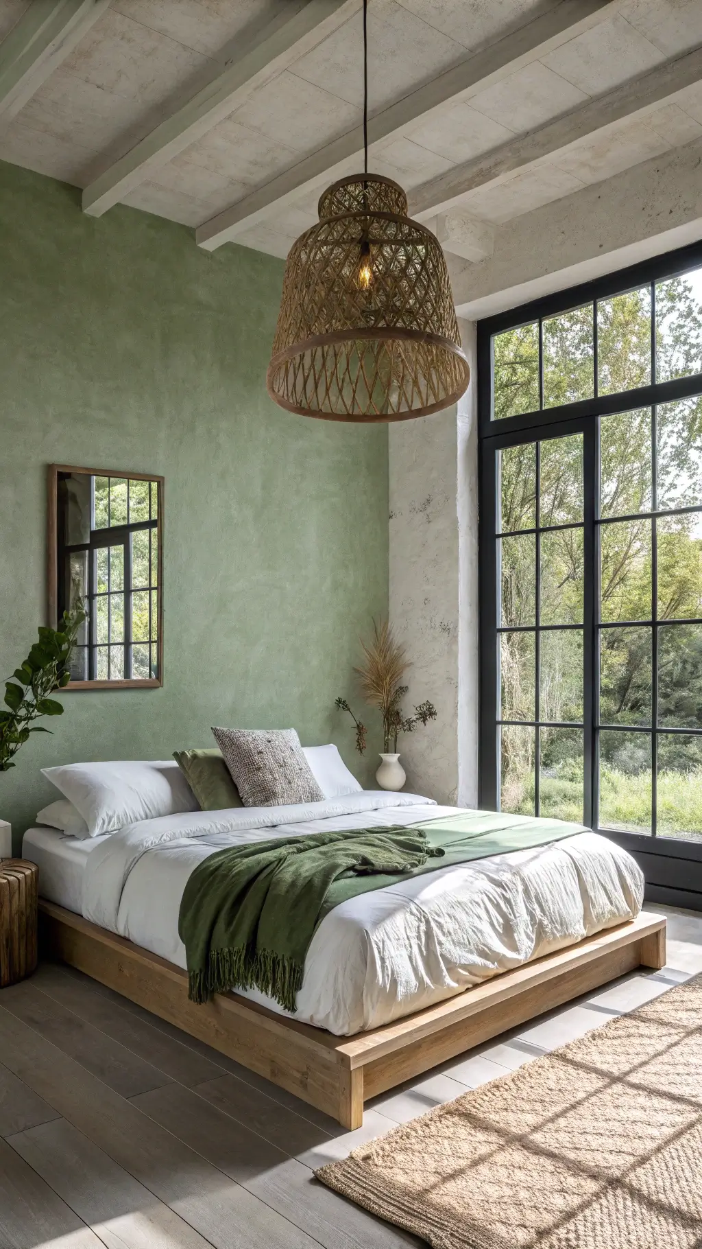 Minimalist bedroom with sage green walls, low-profile oak bed, rattan pendant light, black metal window frames, and greenery visible outside during sunrise.