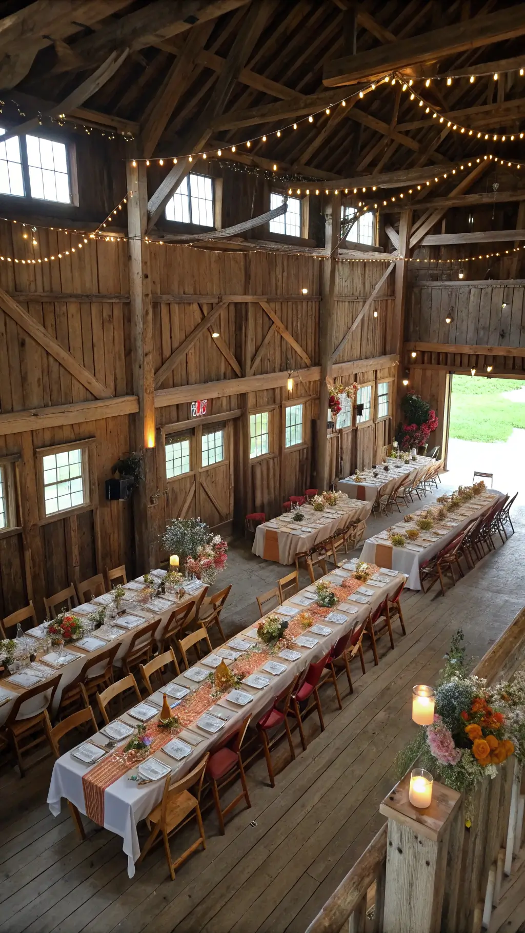 rustic barn wedding reception interior set up with long farm tables, antique decor, and natural lighting.
