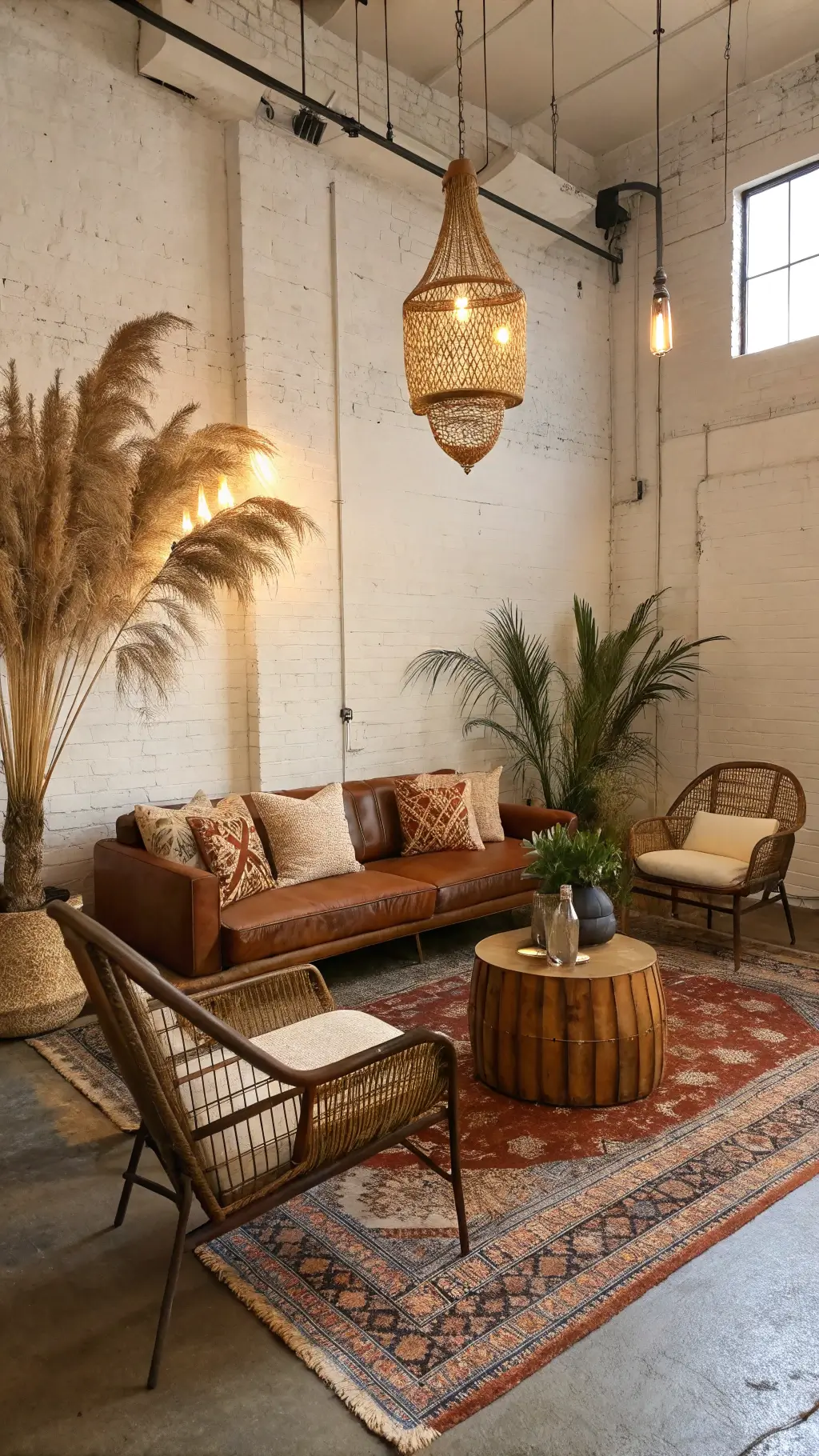 rustic industrial loft space featuring vintage leather sofa, brass-rattan chairs, Moroccan rugs, floor cushions, brass pendant lights, and an exotic arrangement, captured in warm, soft light from floor-to-ceiling windows.
