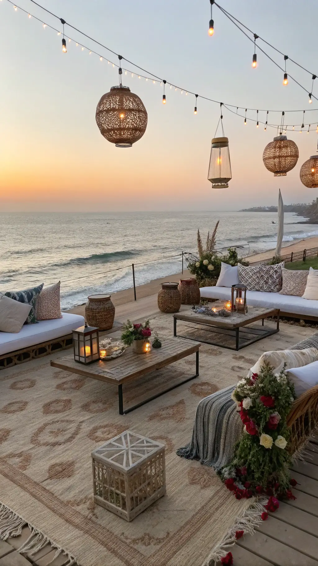 cocktail hour setup on oceanfront terrace with vintage furniture, brass tray-styled coffee tables, rattan lanterns, and Moroccan throw blankets at sunset