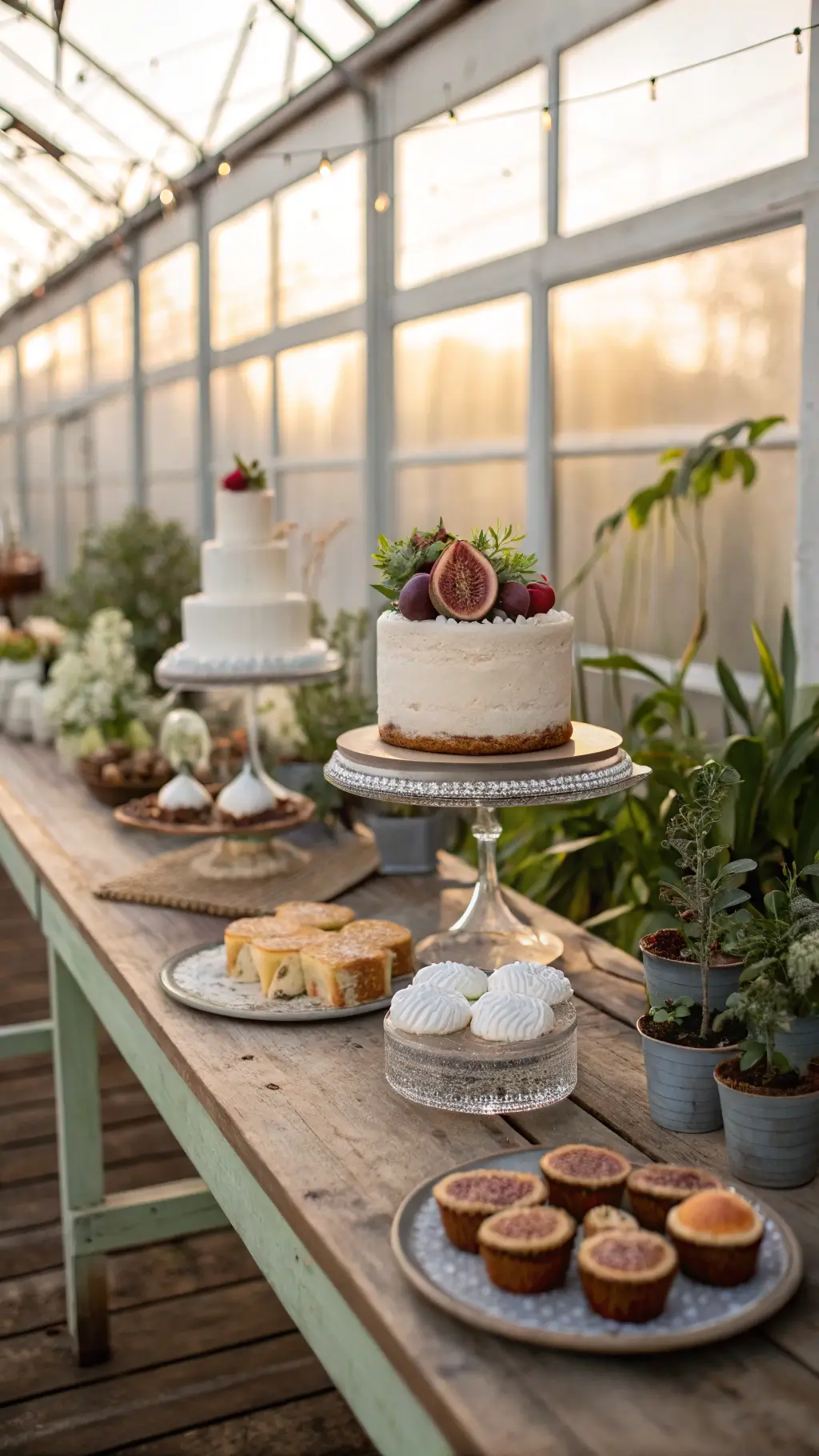 dessert display on a reclaimed wood table inside greenhouse, featuring naked cake with figs and wildflowers, artisanal pastries vintage cut-glass plates, surrounded by trailing vines potted succulents in morning light.