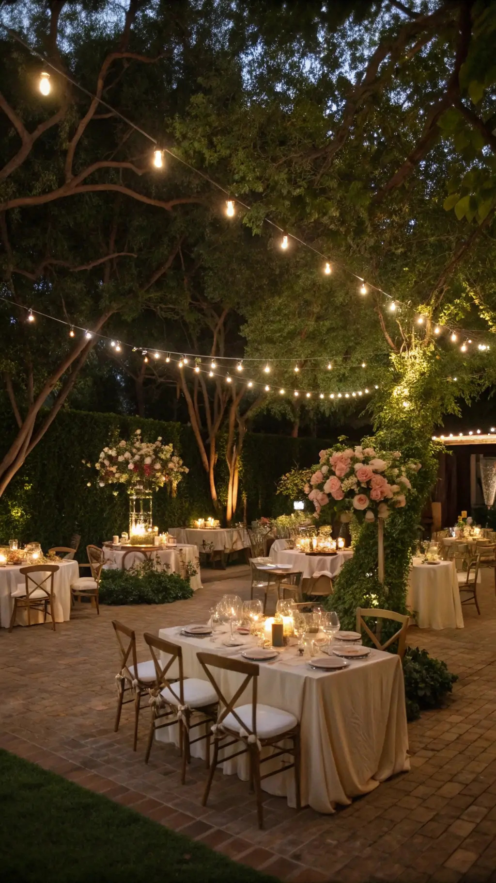 garden reception in the evening under café lights, with mixed tables, brass compotes filled flowers and mismatched vintage china settings cream gold tones, warm lighting from taper candles amber glass holders
