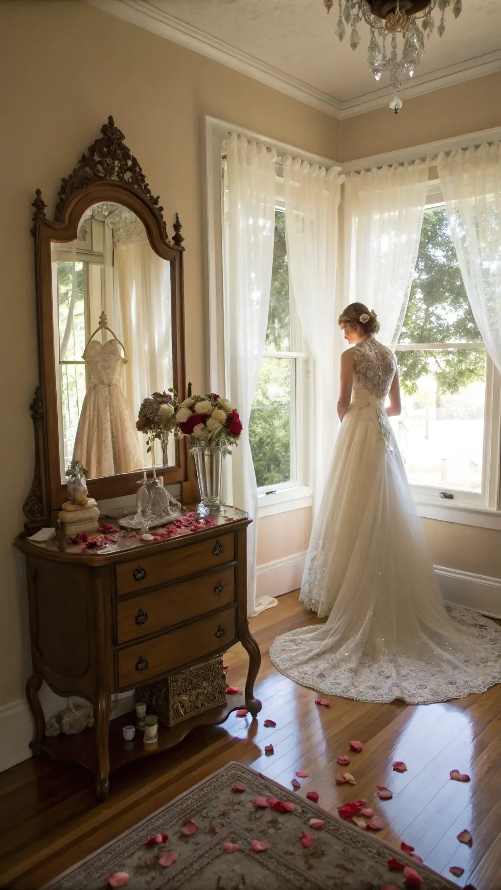 bride's gown on vintage dress form in a light-filled Victorian parlor with architectural details, antique full-length mirror, crystal perfume bottles vanity, and scattered rose petals