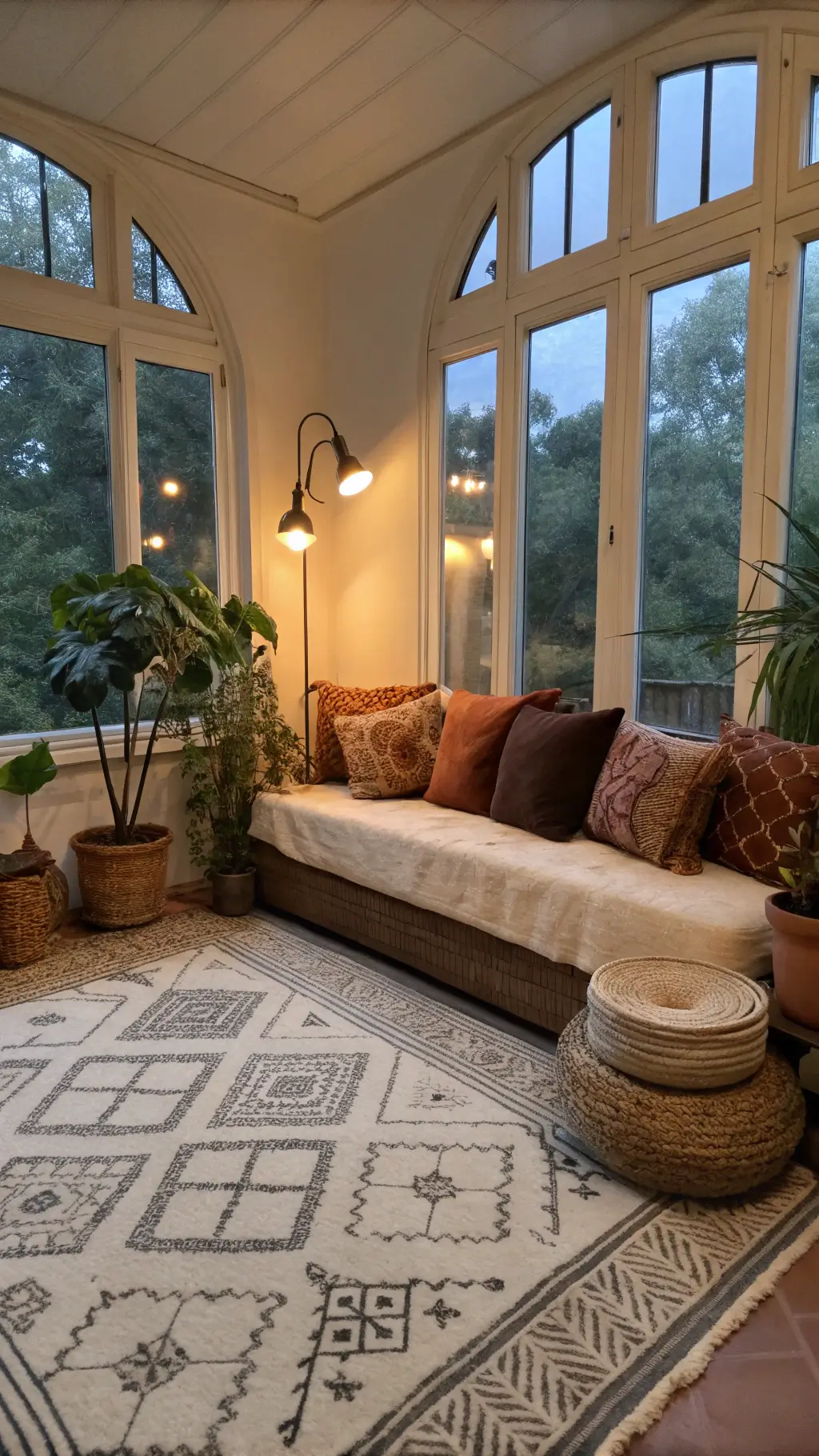 Cozy boho sunroom with layered cushions and plants