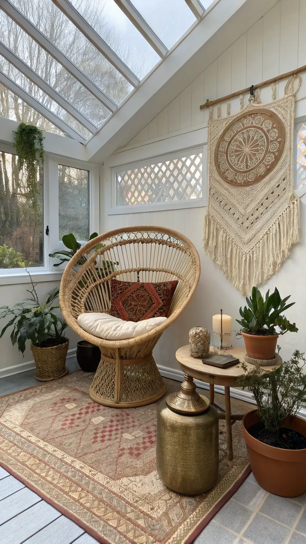 Boho sunroom with textured walls and eclectic decor