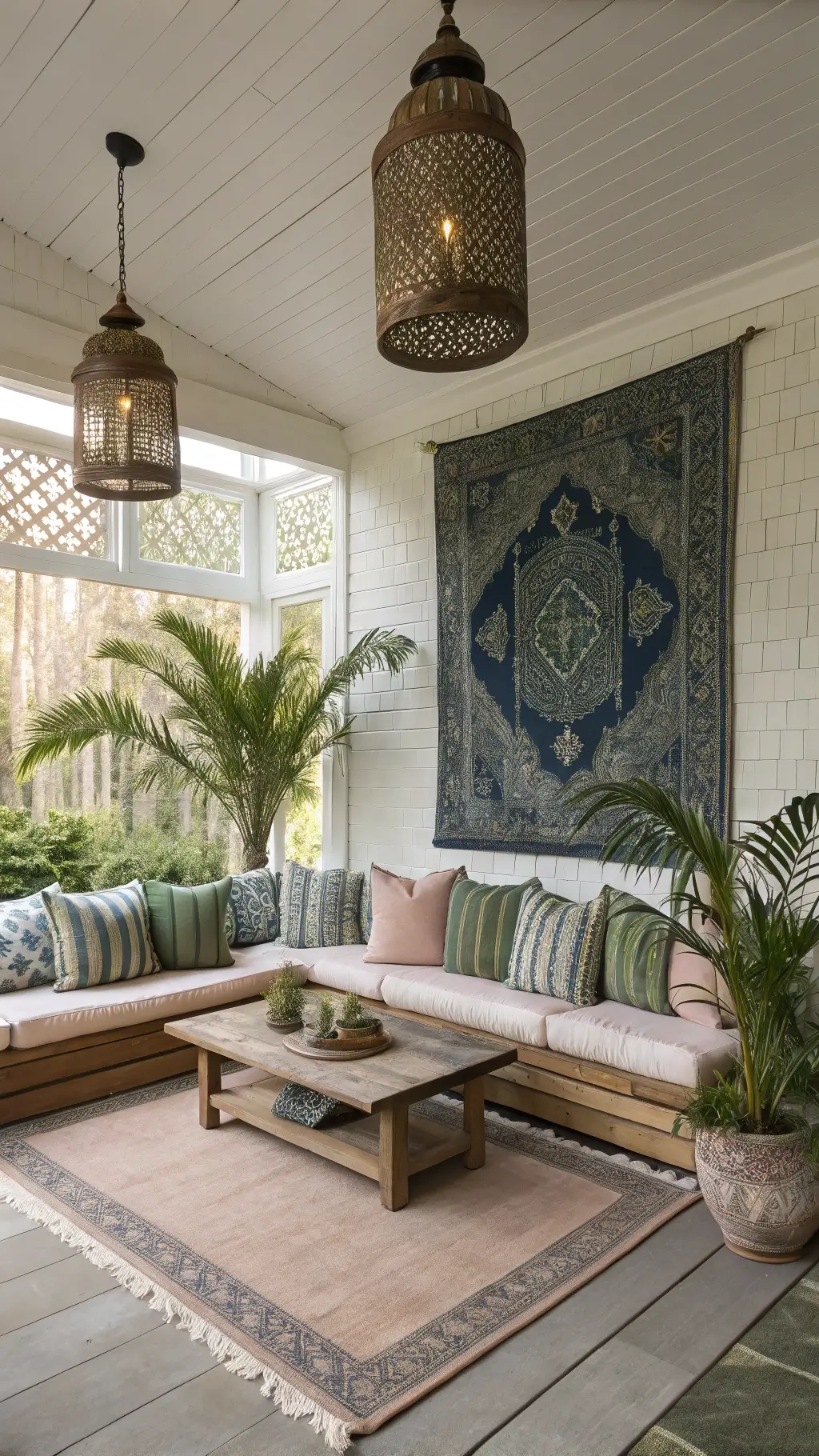 Sunlit sunroom with vintage furniture and lush plants