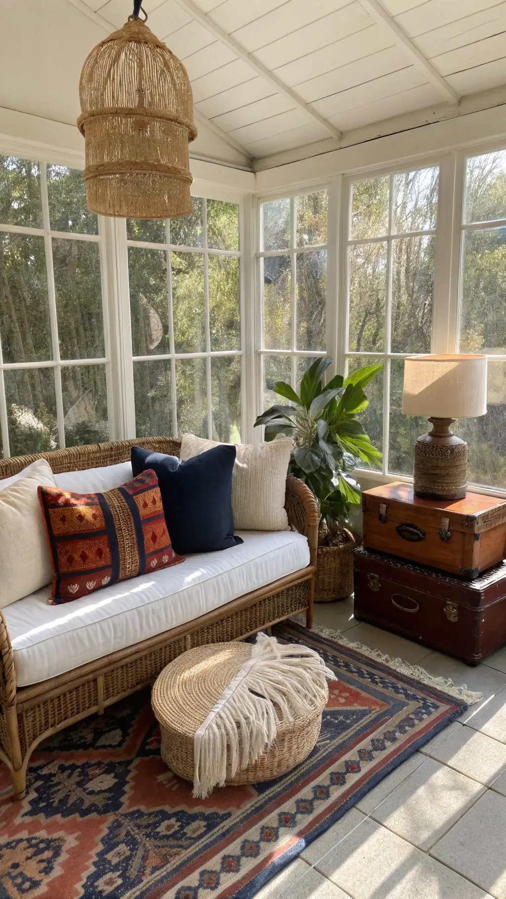 Bright sunroom with rattan sofa and patterned pillows