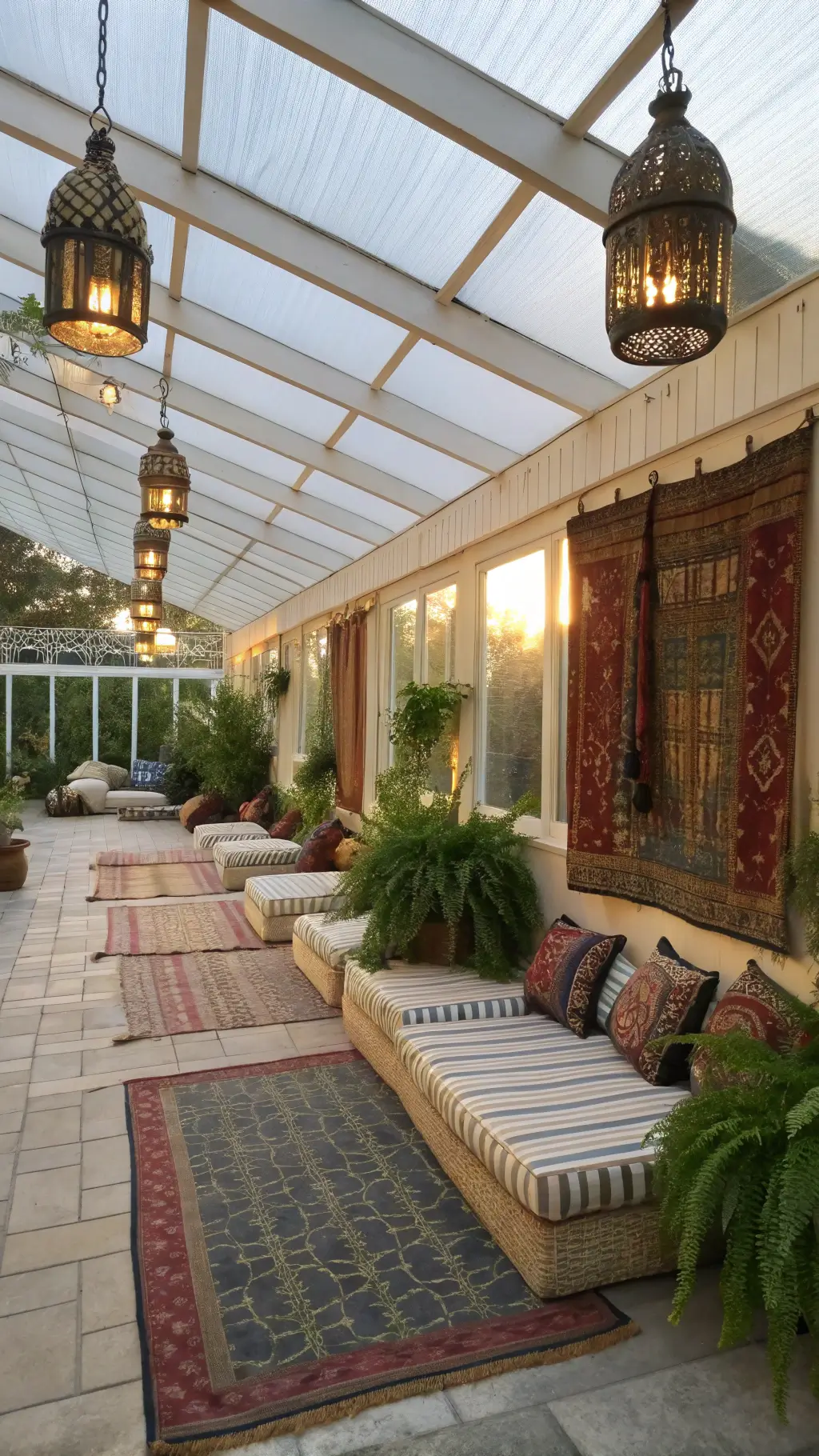 Boho sunroom with lush greenery and natural light