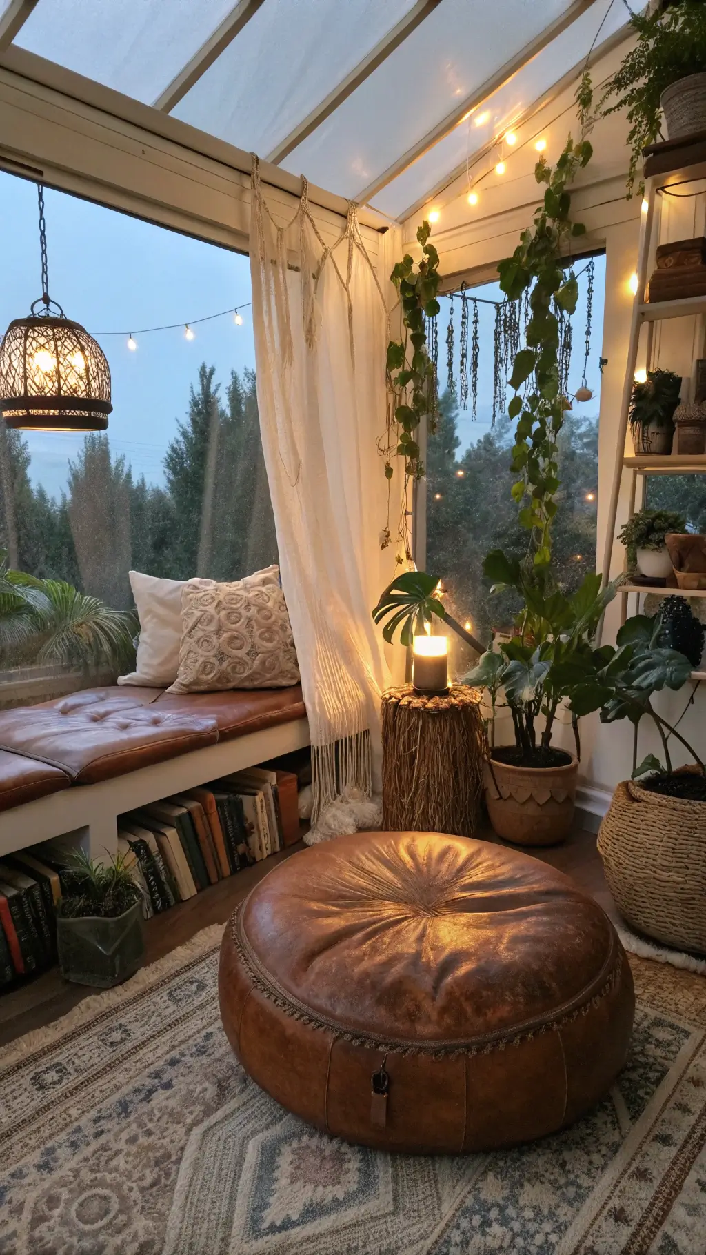 Boho sunroom illuminated with warm lighting