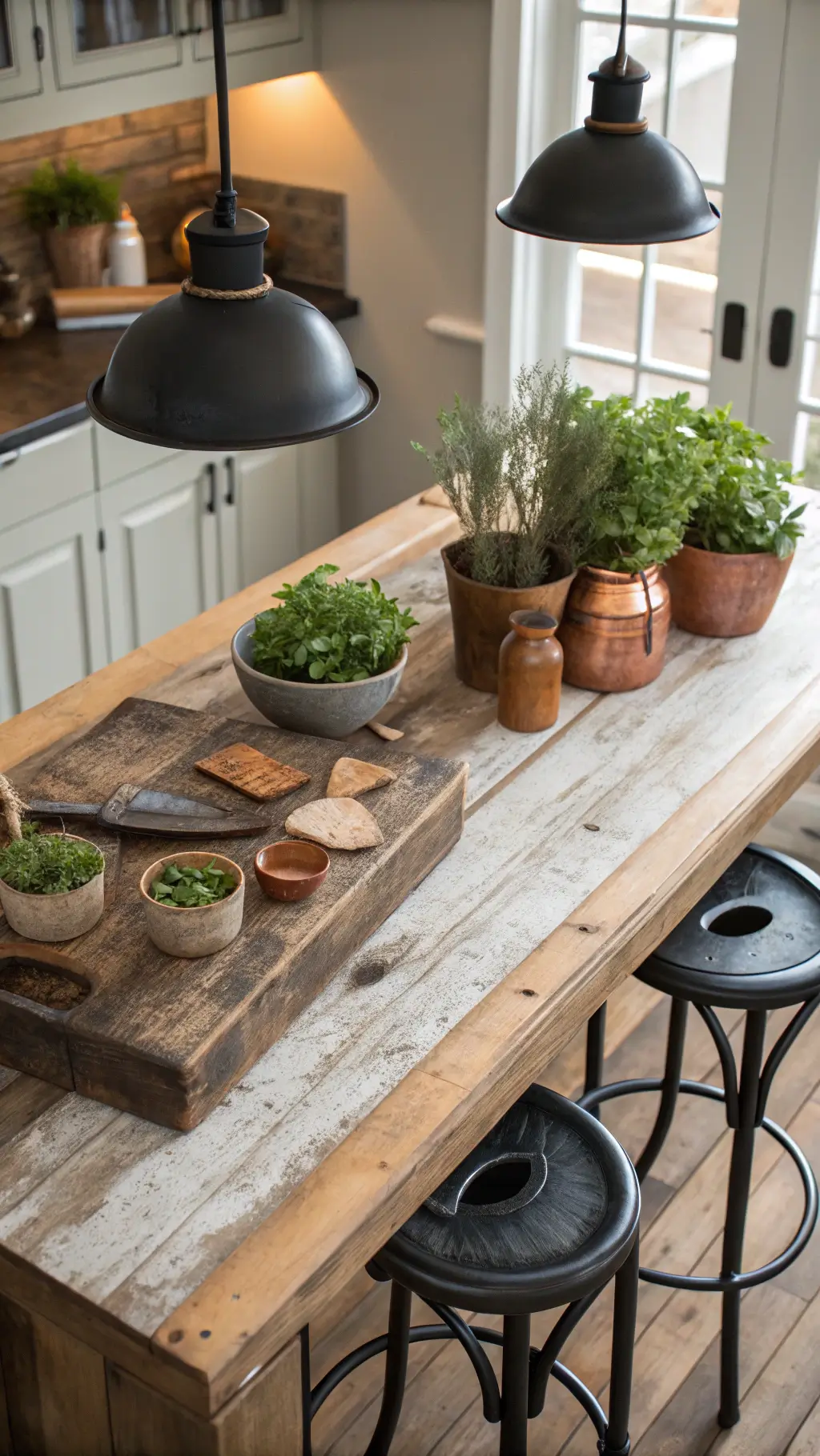 Reclaimed wood kitchen island with vintage decor and industrial lighting