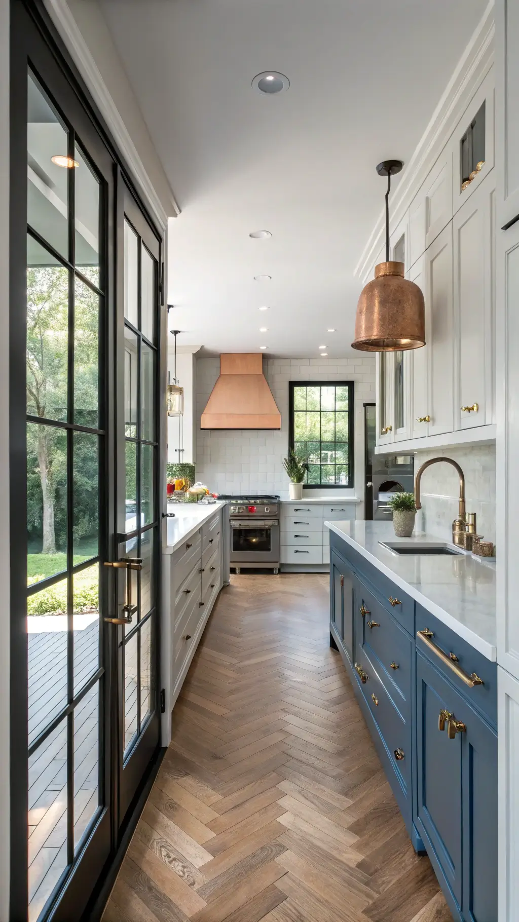 Industrial farmhouse kitchen with open shelves and statement lighting