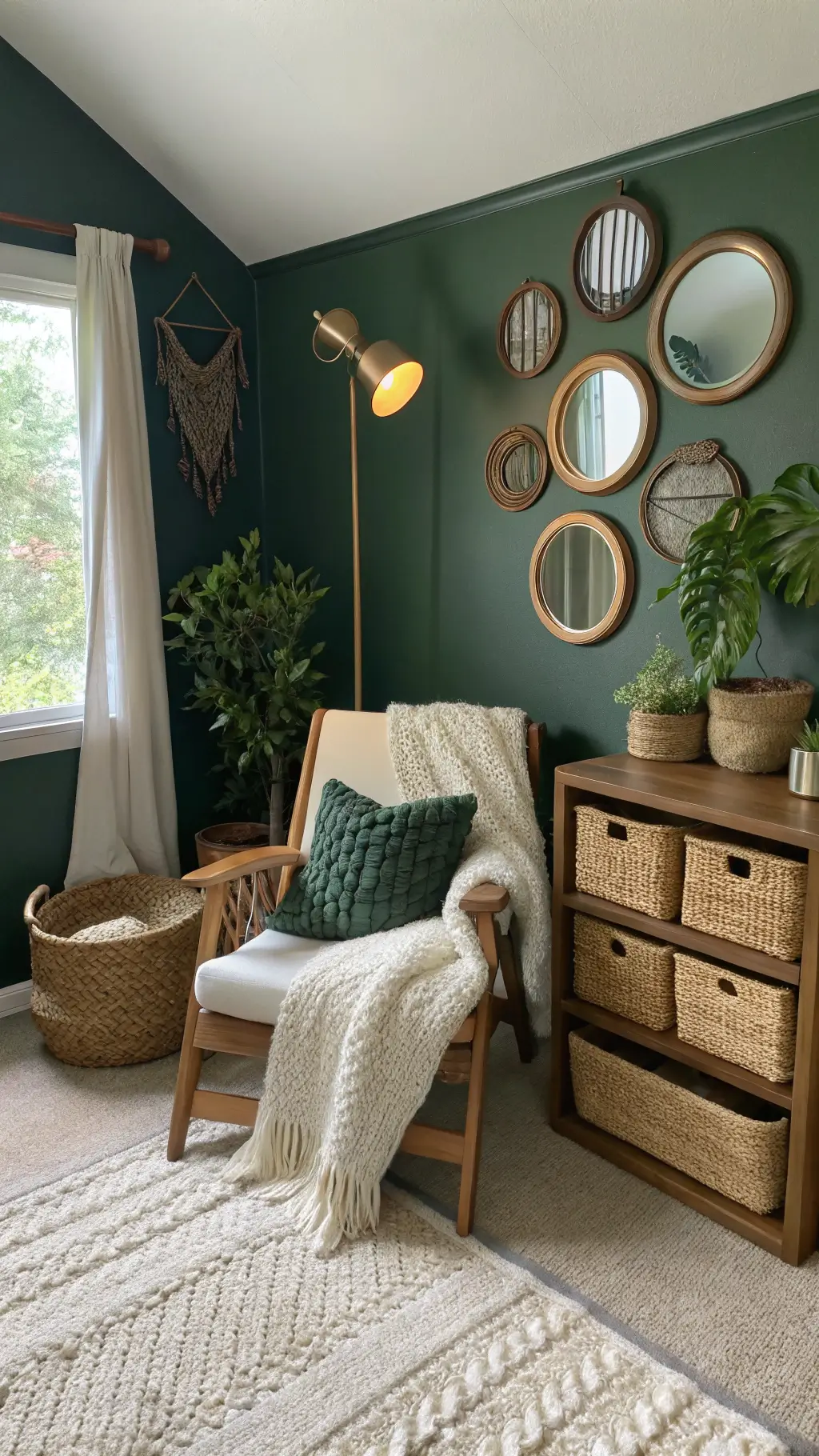 cozy reading nook with handcrafted wooden chair, cream knit throw, green accent wall, rattan mirrors, brass floor lamp, jute rug, woven baskets, and trailing pothos plants in soft, natural light