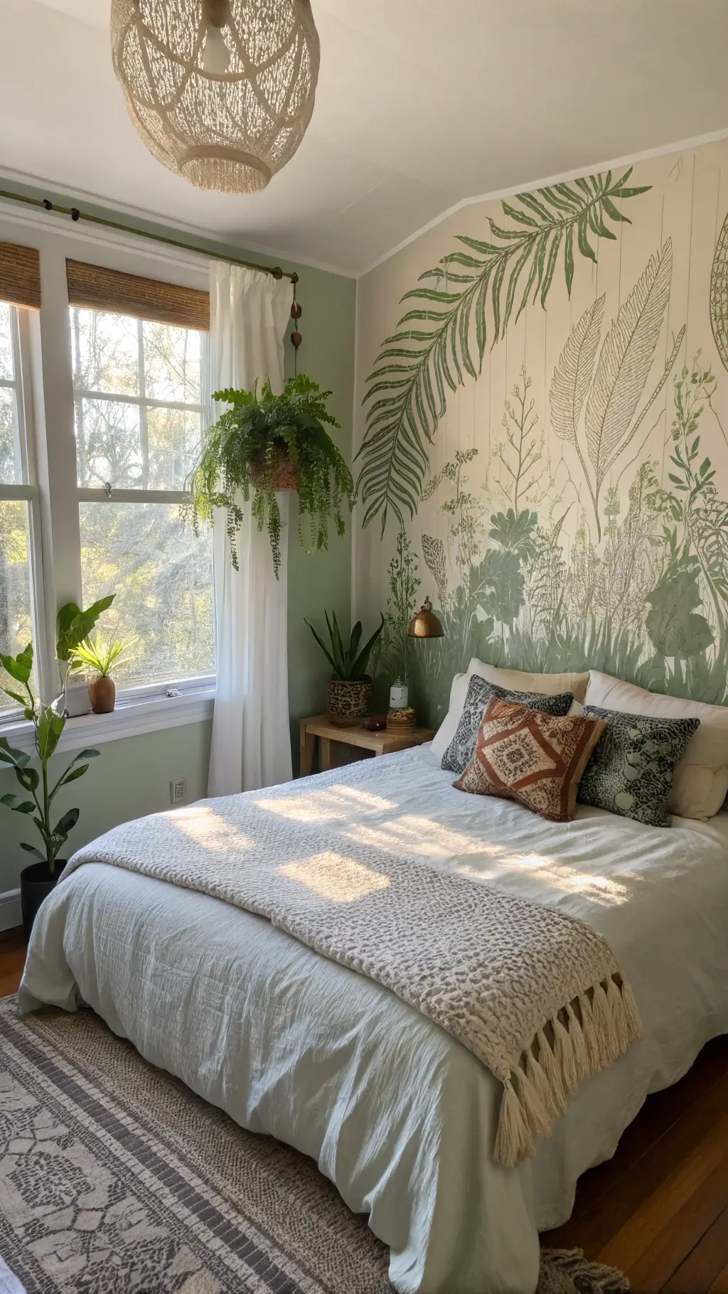 cozy bedroom alcove with sage green botanical mural, low-profile bed with textured layering, surrounded by potted plants, shot at golden hour