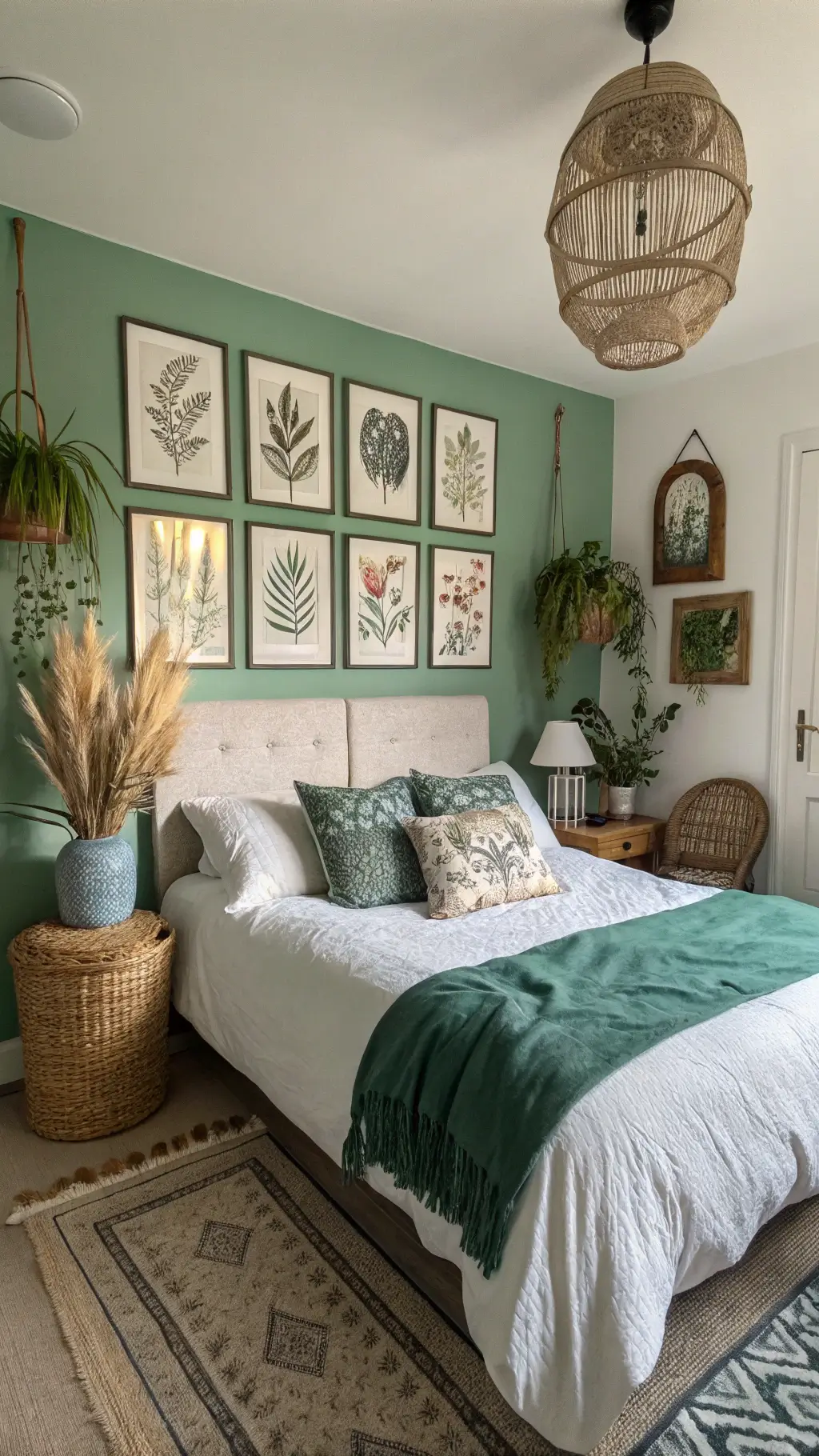 modern boho bedroom with vintage botanical prints, queen bed with white linen and emerald cushions, pendant light fixture, woven baskets, ceramic vases, trailing plants during blue hour