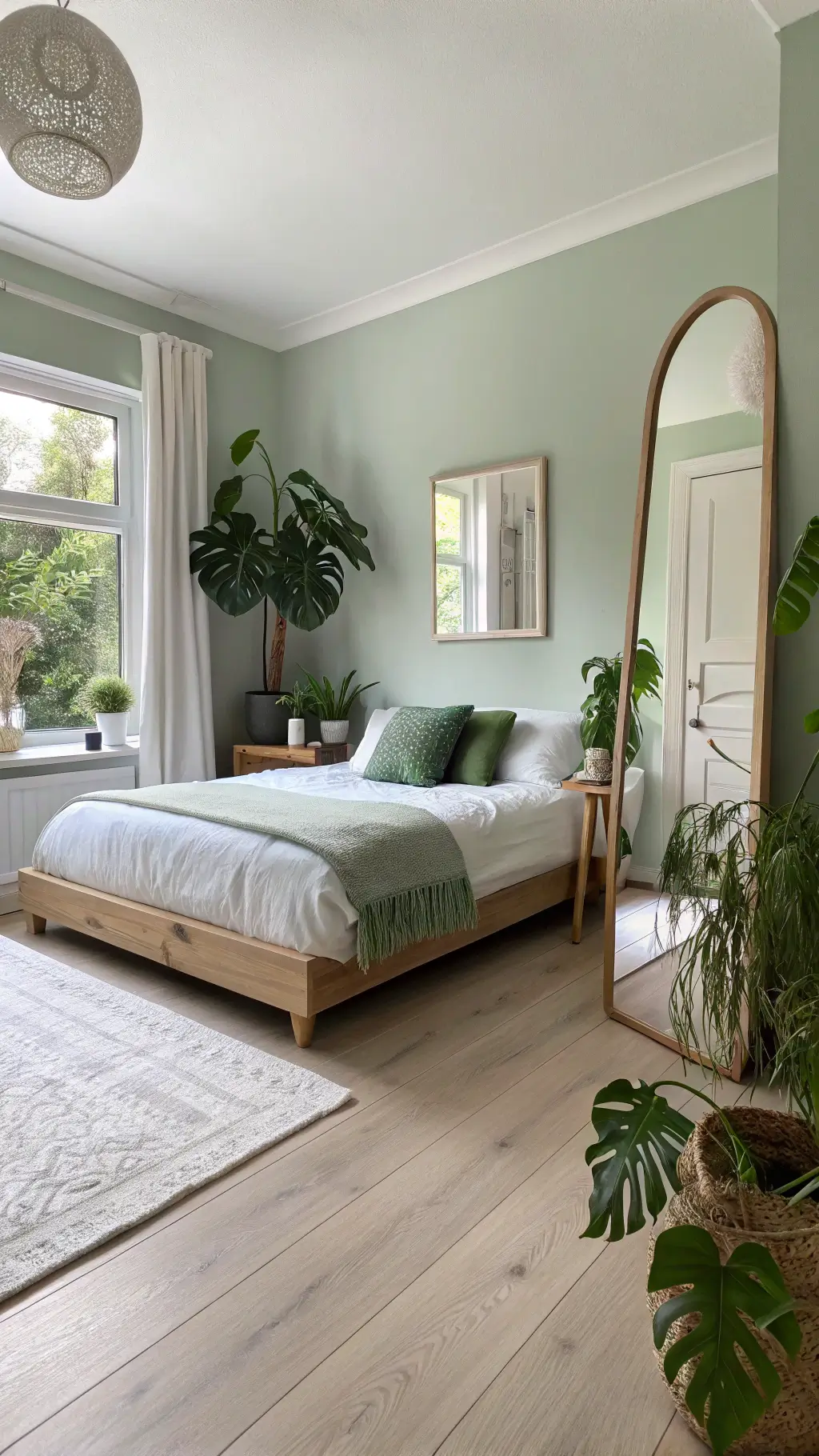 minimalist boho bedroom in morning light with sage green walls, white oak flooring, platform bed linens and accent pillows, large arched mirror, indoor plants, viewed from doorway