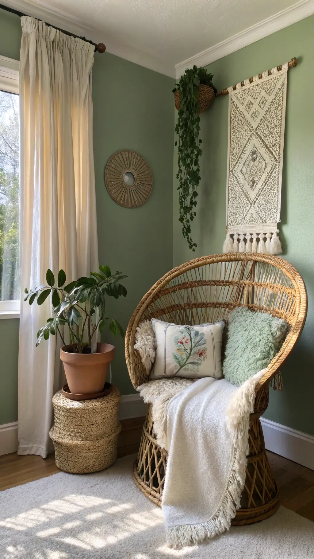 vintage rattan peacock chair with sheepskin throw and embroidered cushions in a sunlit bedroom corner with sage green walls, surrounded by brass plant stands, ivy, pottery, wall tapestry, seen through sheer curtains from low angle