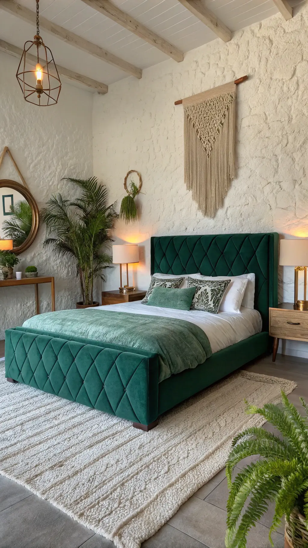 emerald green velvet upholstered bed in a master bedroom with white textured walls, jute rug, ceramic table lamps, brass mirror, and macramé plant hangers with ferns, captured at sunset during golden hour