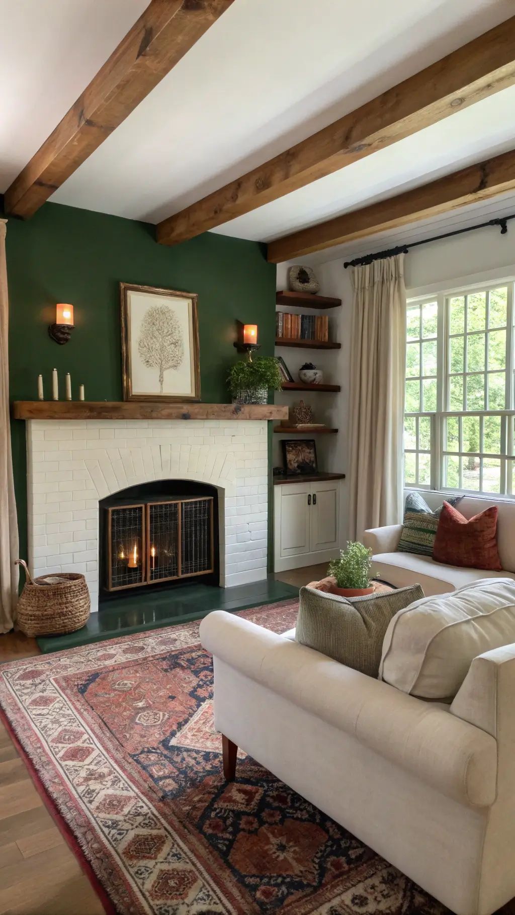 Cozy craftsman-style living room with a green fireplace, white oak shelving, plush ivory sectional, Persian rug, and warm brass sconces.