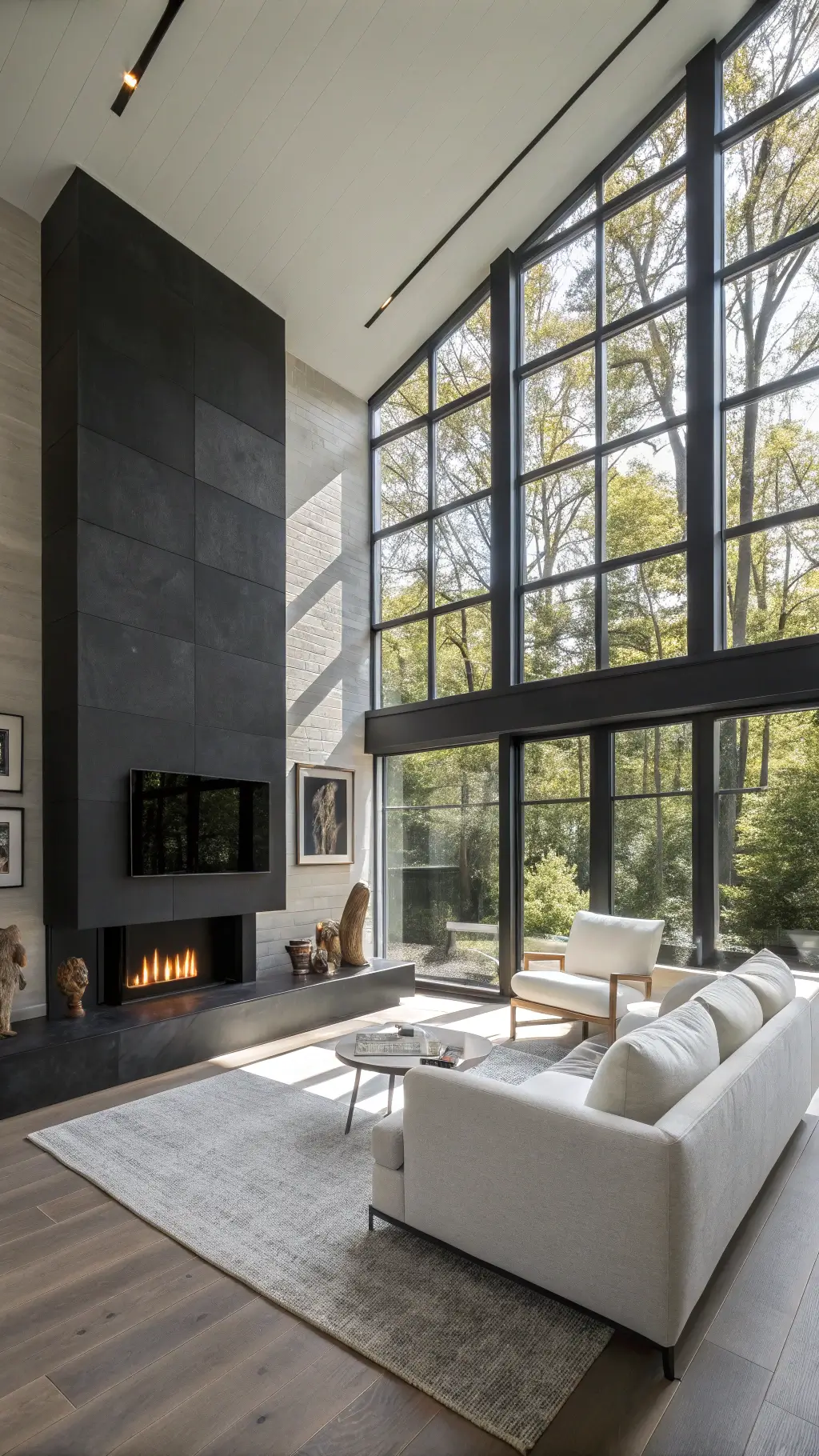 Minimalist living room with matte black corner fireplace, bleached oak mantel, white ceramics, abstract sculptures, ghost chairs, bouclé sofa, and black-and-white photography.
