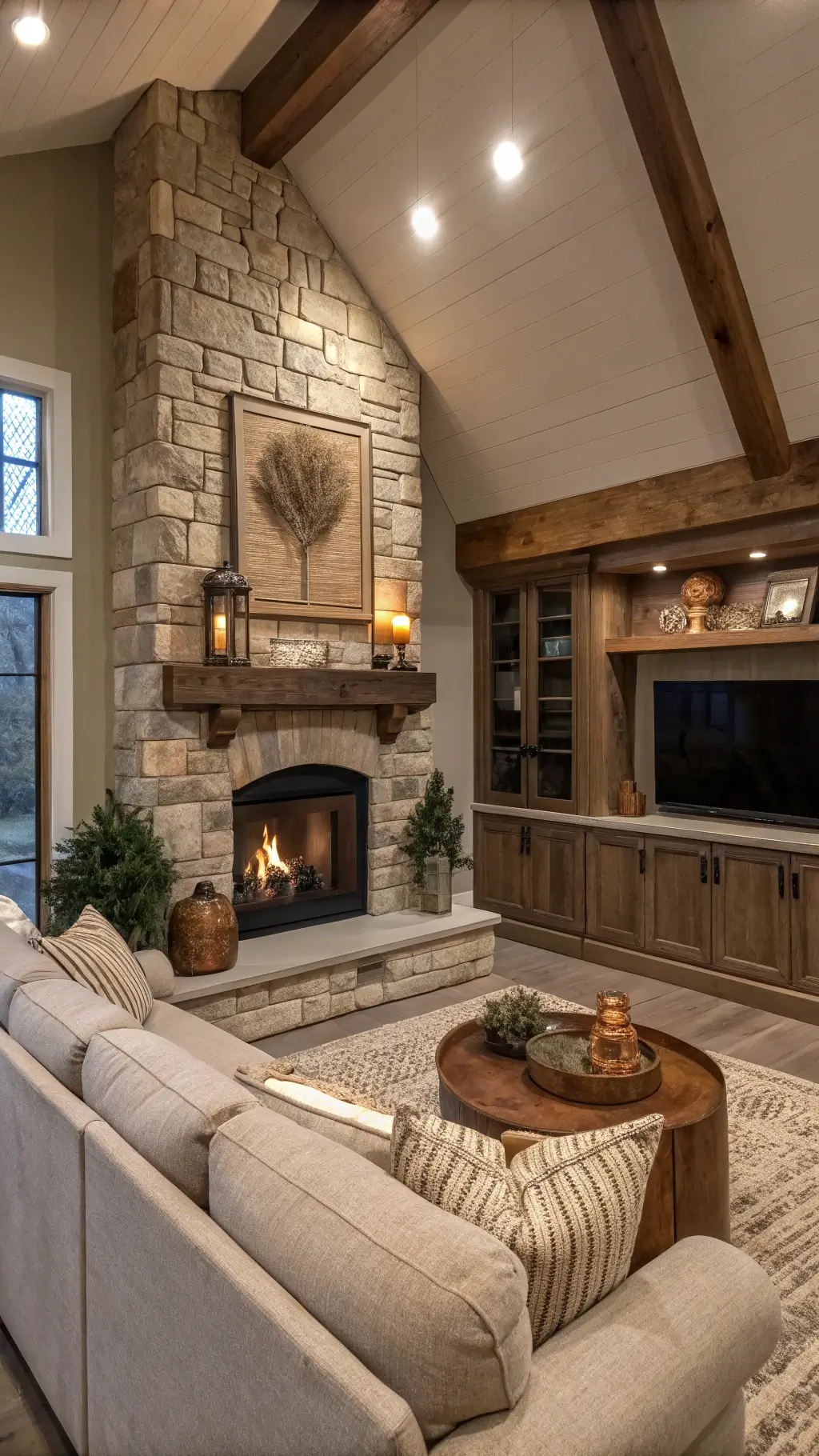 Rustic-modern great room with corner stone fireplace, warm greige built-ins, chunky timber mantel, vintage copper vessels, dried botanicals, and oatmeal fabric sectional under soft dusk lighting.