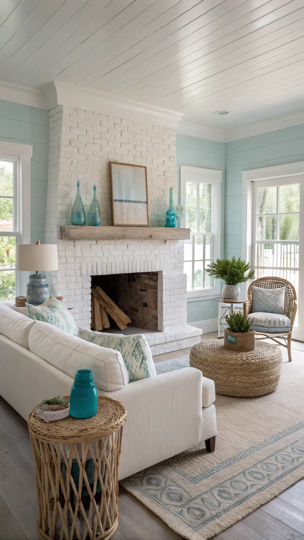 Coastal-inspired living room with whitewashed brick fireplace, blue walls, white linen sofa, seagrass armchairs, and a styled mantel bathed in morning light.