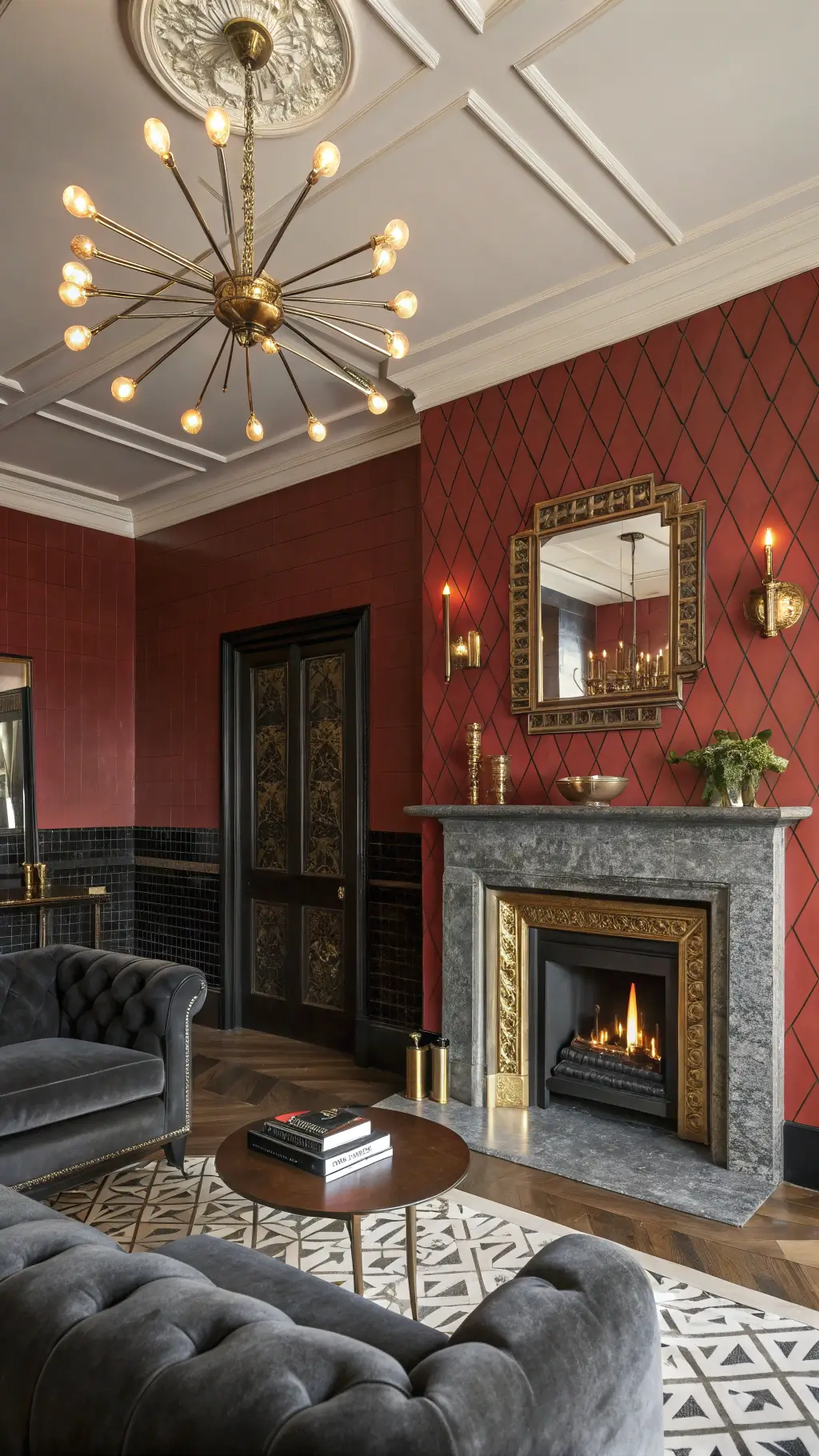 Art deco-inspired room with a berry-toned fireplace, black marble mantel, gold accent tables, charcoal grey velvet sofa, illuminated by a brass Sputnik chandelier.