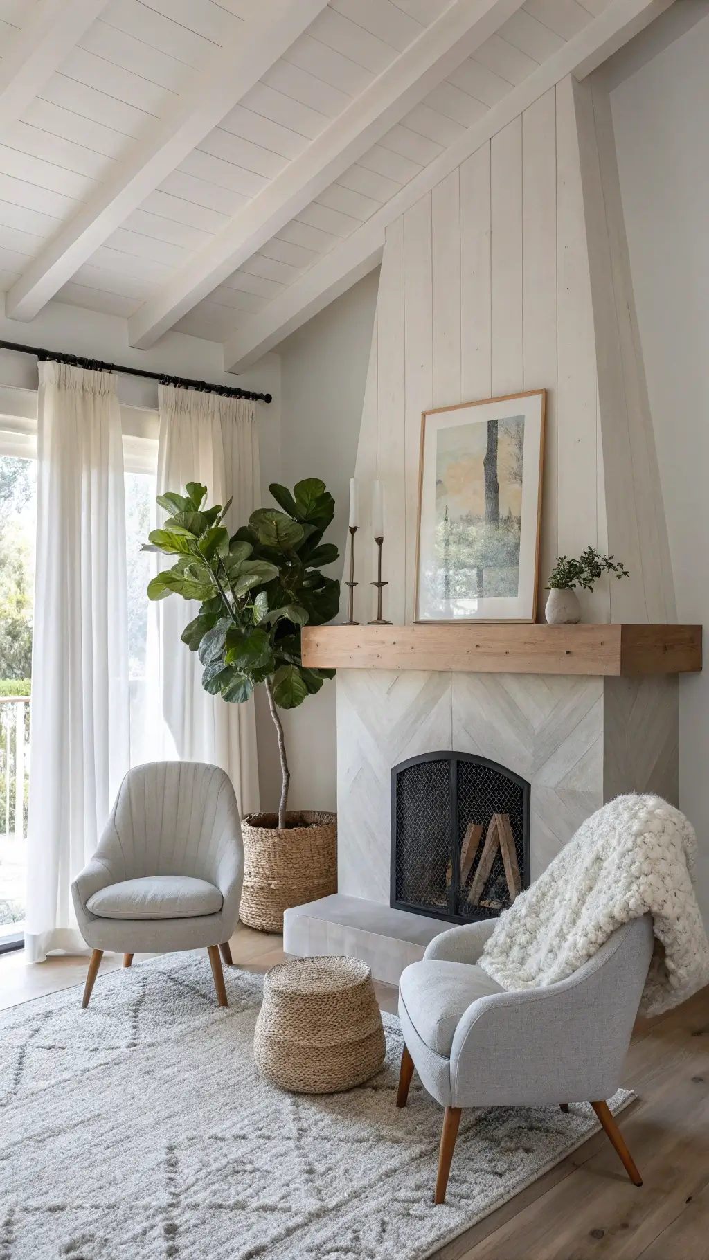 Scandinavian-style room with corner fireplace, grey chairs, minimalist mantel decor, fiddle leaf fig plant, and natural light through sheer curtains.