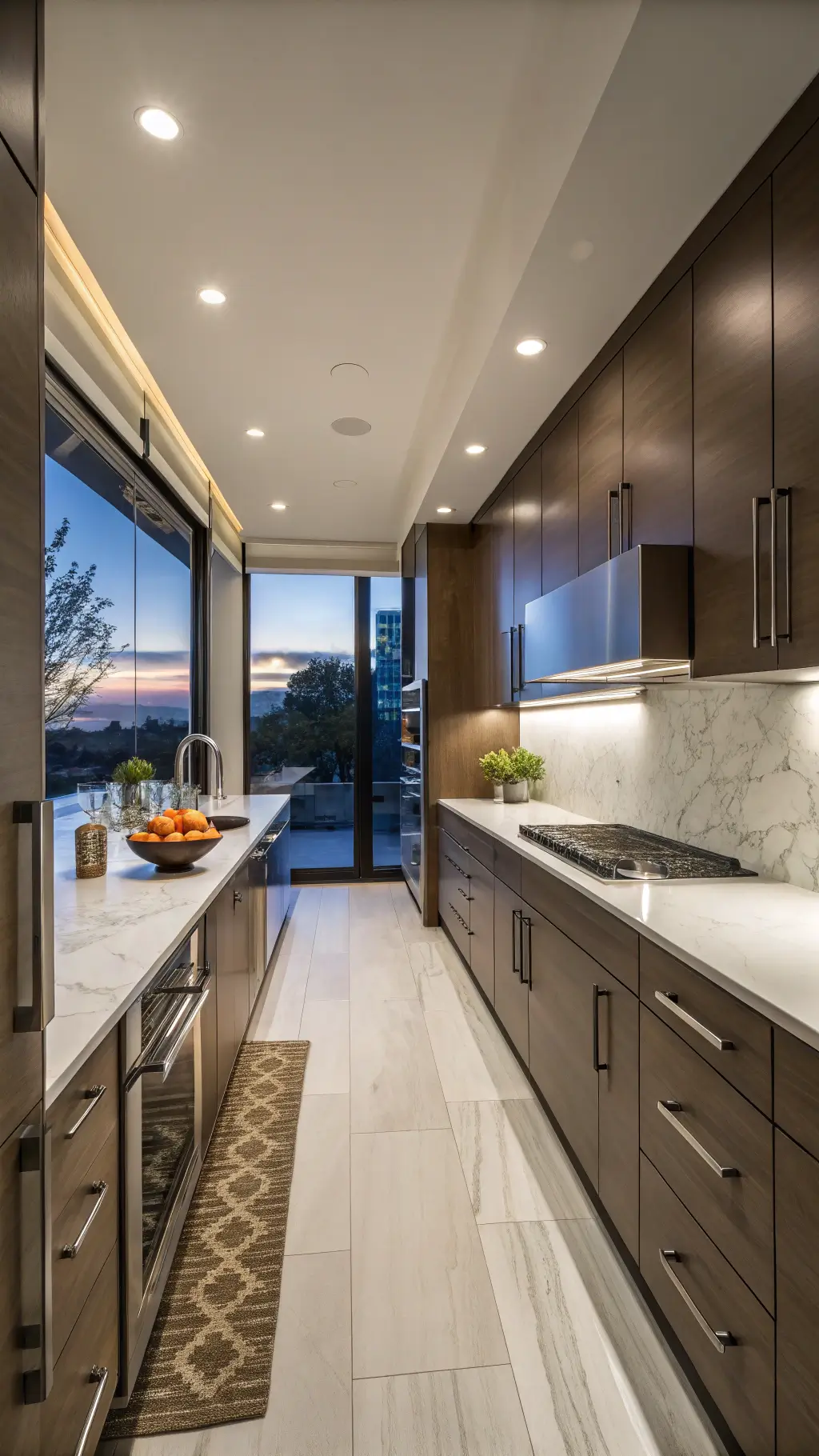 Sleek galley kitchen with dark espresso cabinets, white marble backsplash, stainless steel appliances, and minimalist décor, illuminated by a mix of cool and warm lighting during twilight.