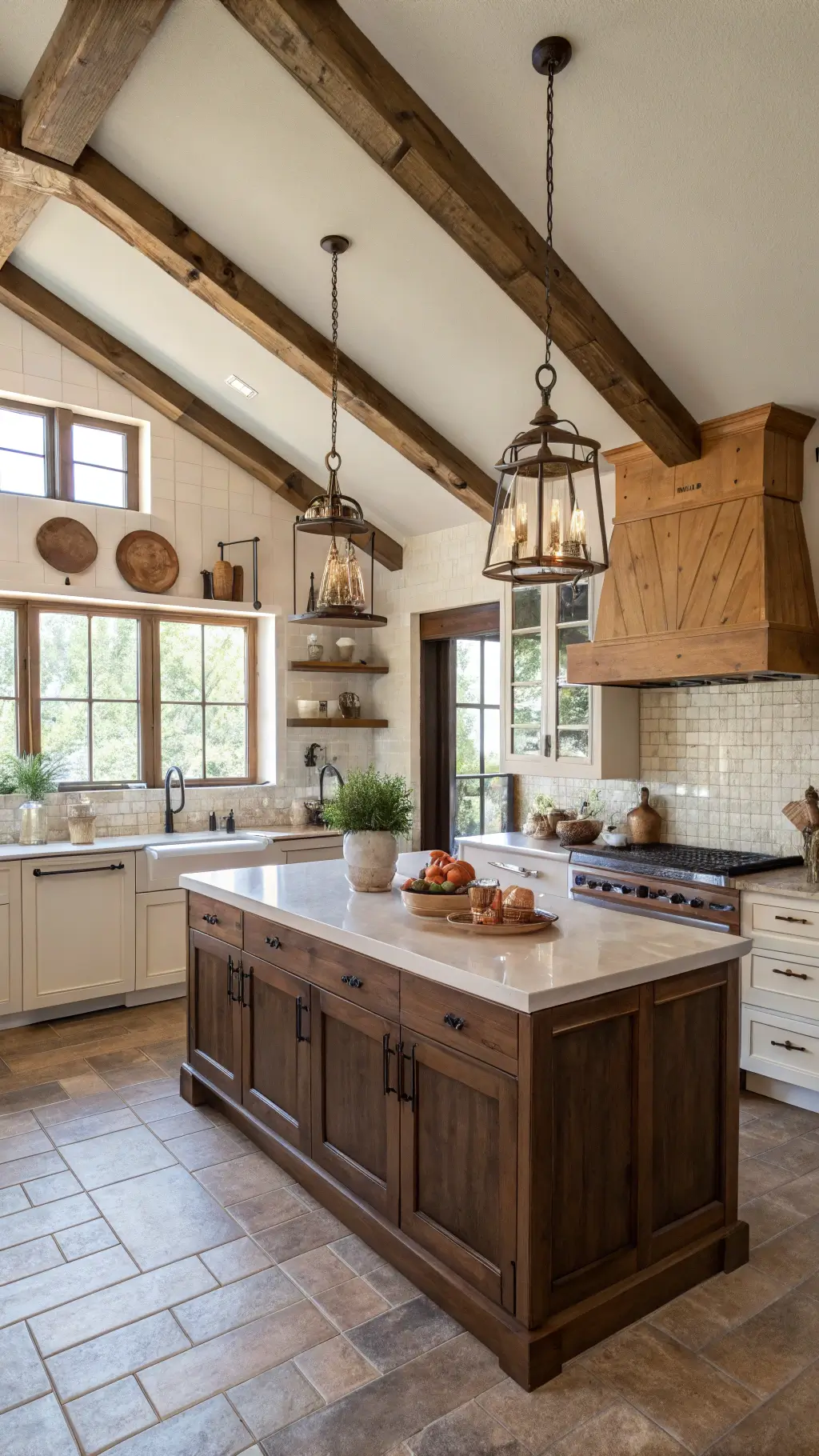 Rustic farmhouse kitchen showcasing two-tone walnut and cream cabinets, exposed wooden beams, copper pendant lights, a rustic island, open shelving with pottery, and a subway tile backsplash, bathed in natural morning light.