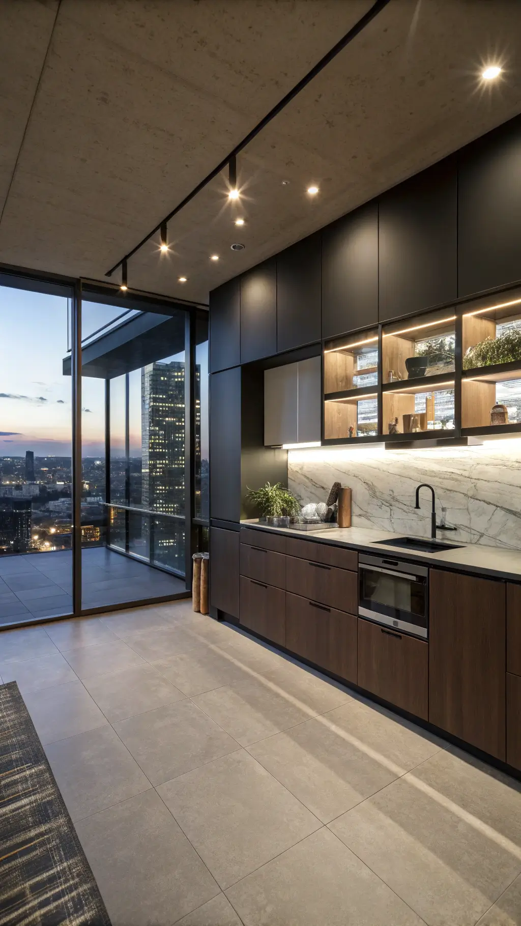 Modern L-shaped kitchen with dark chocolate cabinets, black accent wall, bronze metal shelving, integrated appliances, bright quartz island, and floor-to-ceiling windows overlooking cityscape at dusk.