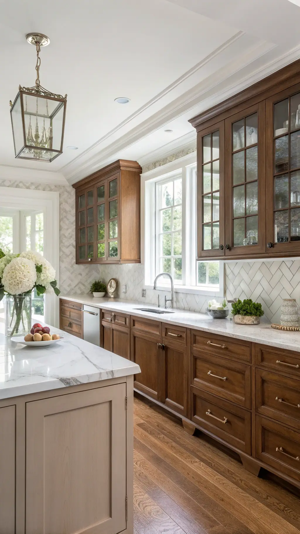 Transitional kitchen glowing with morning light, featuring medium-brown Shaker cabinets, glass-front uppers, marble herringbone backsplash, polished nickel fixtures, white island with decorative posts, and fresh hydrangeas.