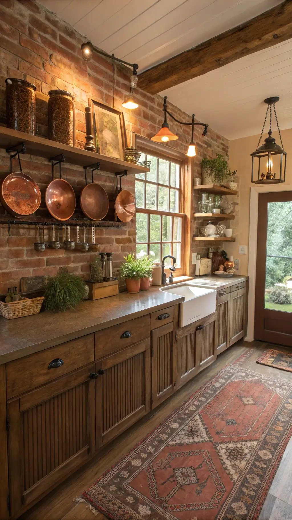 Cozy cottage kitchen at sunset featuring distressed brown beadboard cabinets, open shelves, hanging copper pots, brick wall, warm butcher block counters, vintage rug, and a window herb garden, creating a warm ambiance.