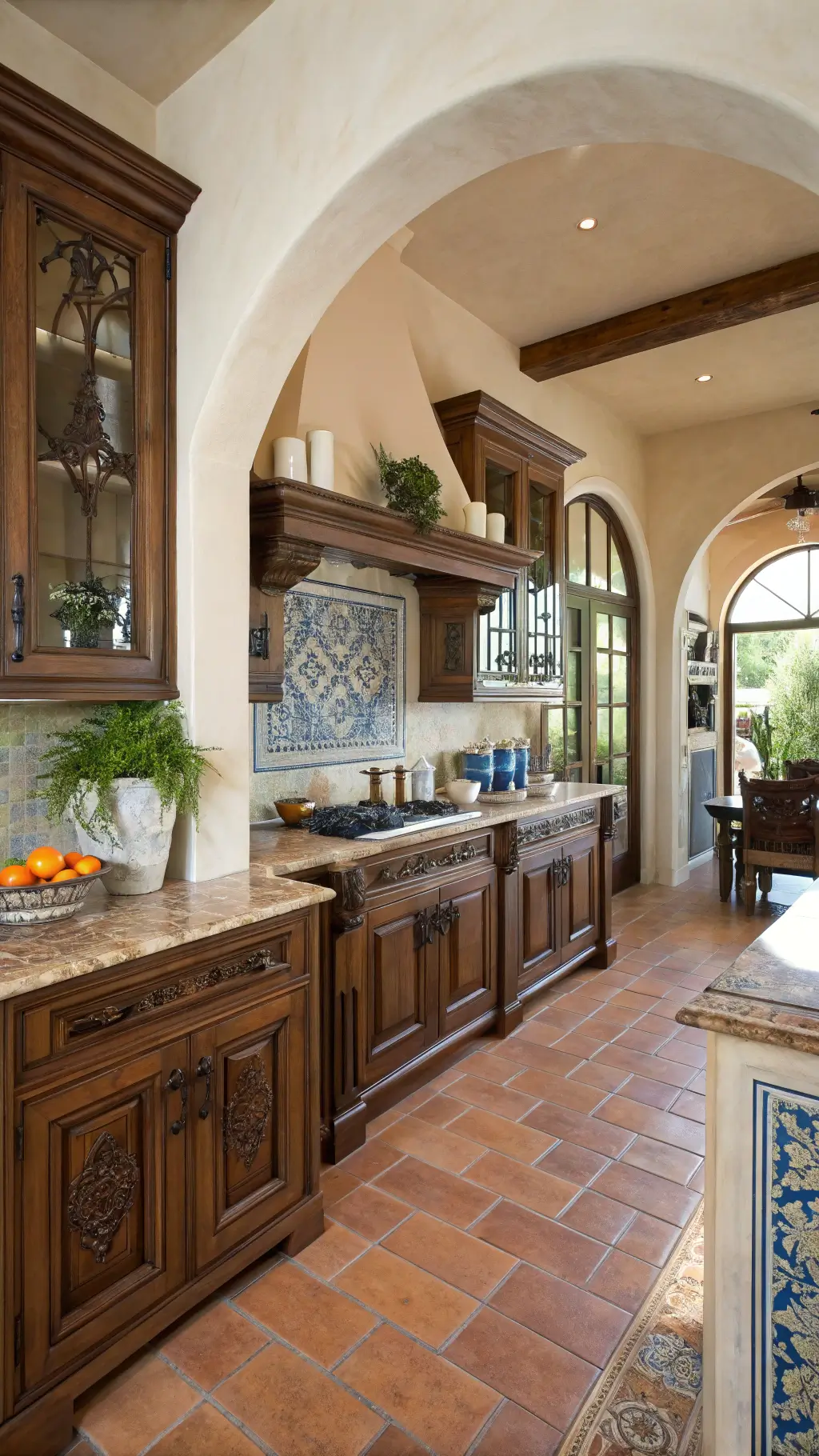 Mediterranean-style kitchen bathed in afternoon sunlight, featuring walnut cabinets, arched doorways, terracotta flooring, bronze fixtures, and blue and white ceramic décor, captured from a diagonal perspective.