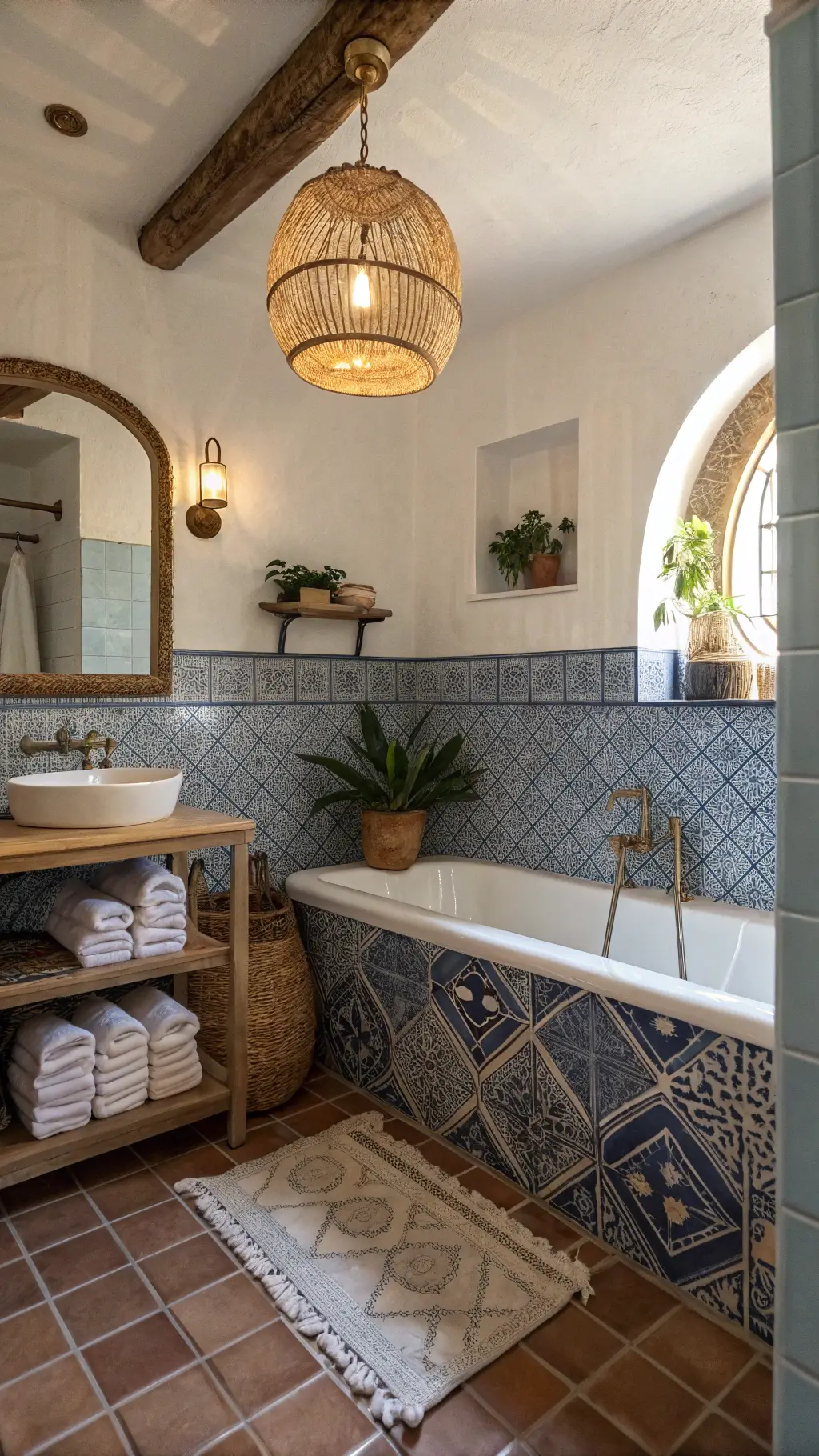 bohemian bathroom with blue Moroccan tiles, warm white walls, deep alcove tub with brass fixtures, rattan pendant, monstera plant, and woven baskets