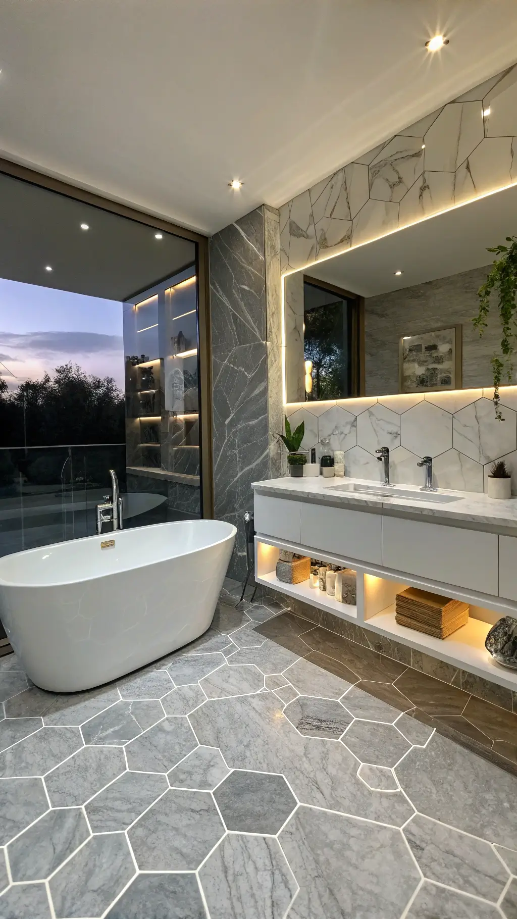 contemporary 7x8ft bathroom at dusk with large hexagonal marble tiles, deep soaking tub, waterfall faucet, recessed shelves with LED lighting, glass accents, floating double vanity