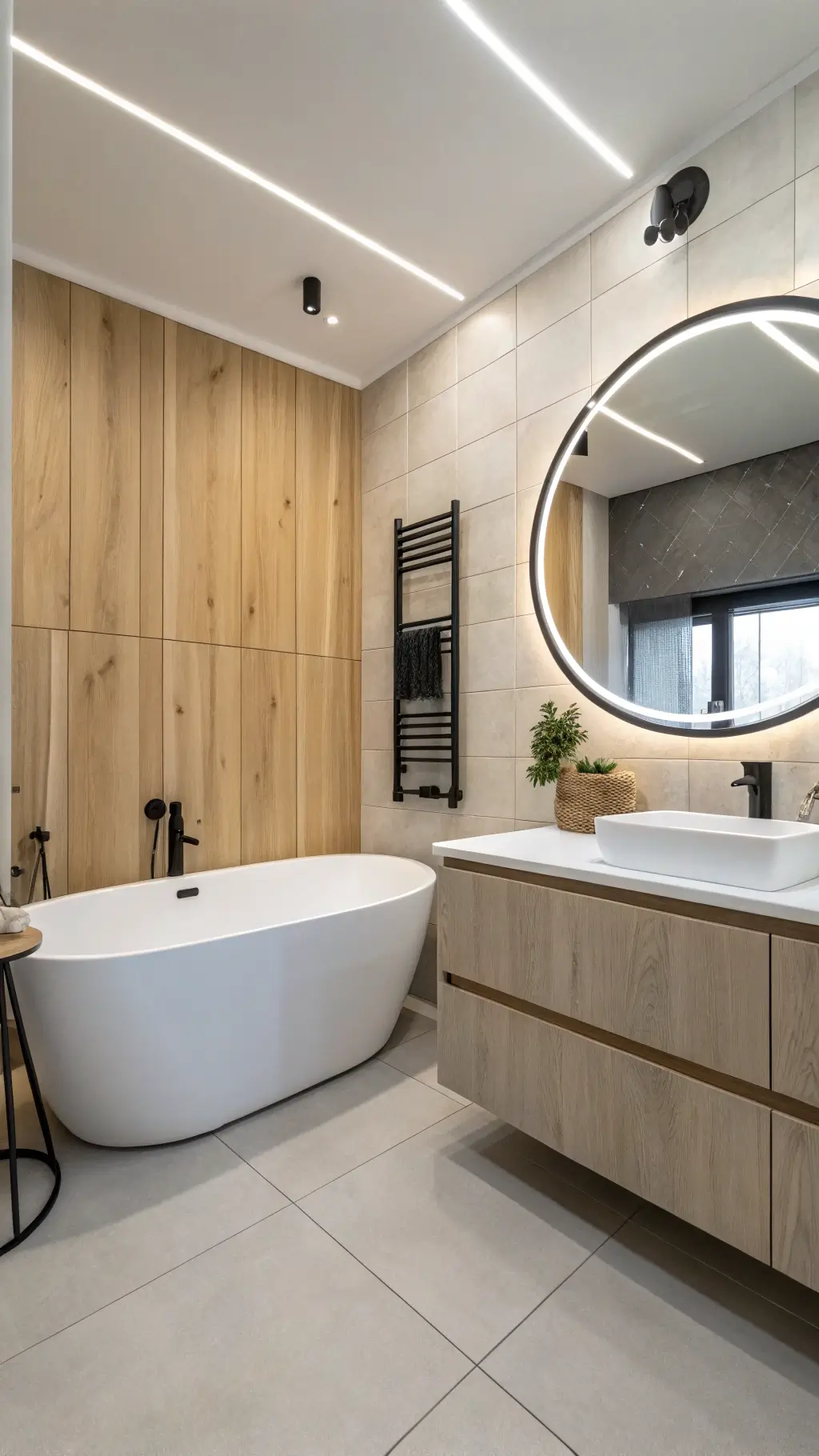 minimalist white and oak bathroom with slim tub, floating concrete vanity, circular mirror, large tiles, hidden LED lighting, black fixtures