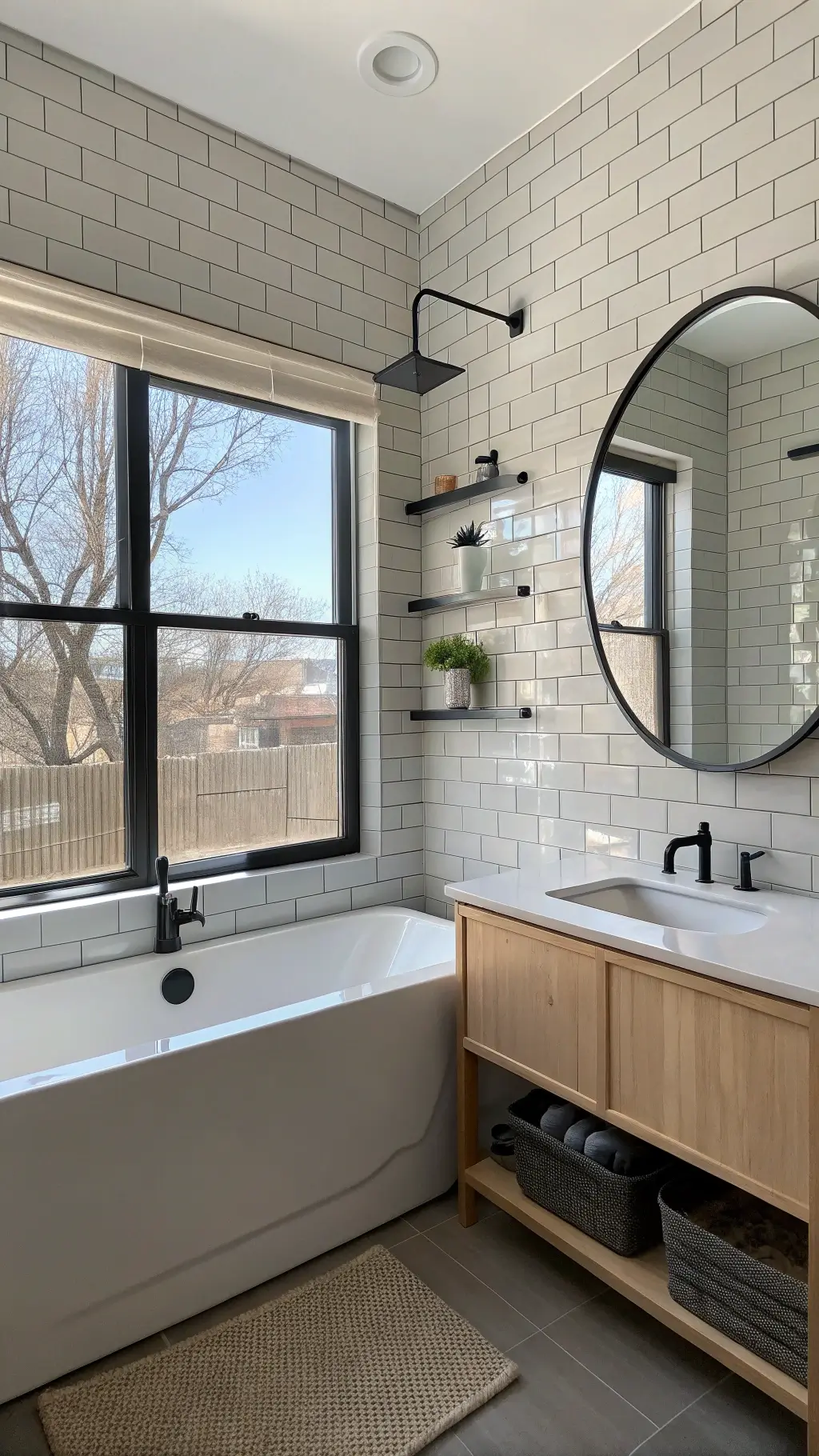 modern 6x8ft bathroom with floor-to-ceiling soft gray subway tiles, corner tub with clear glass panel, matte black fixtures, bleached oak floating shelf, oversized round mirror reflecting window light