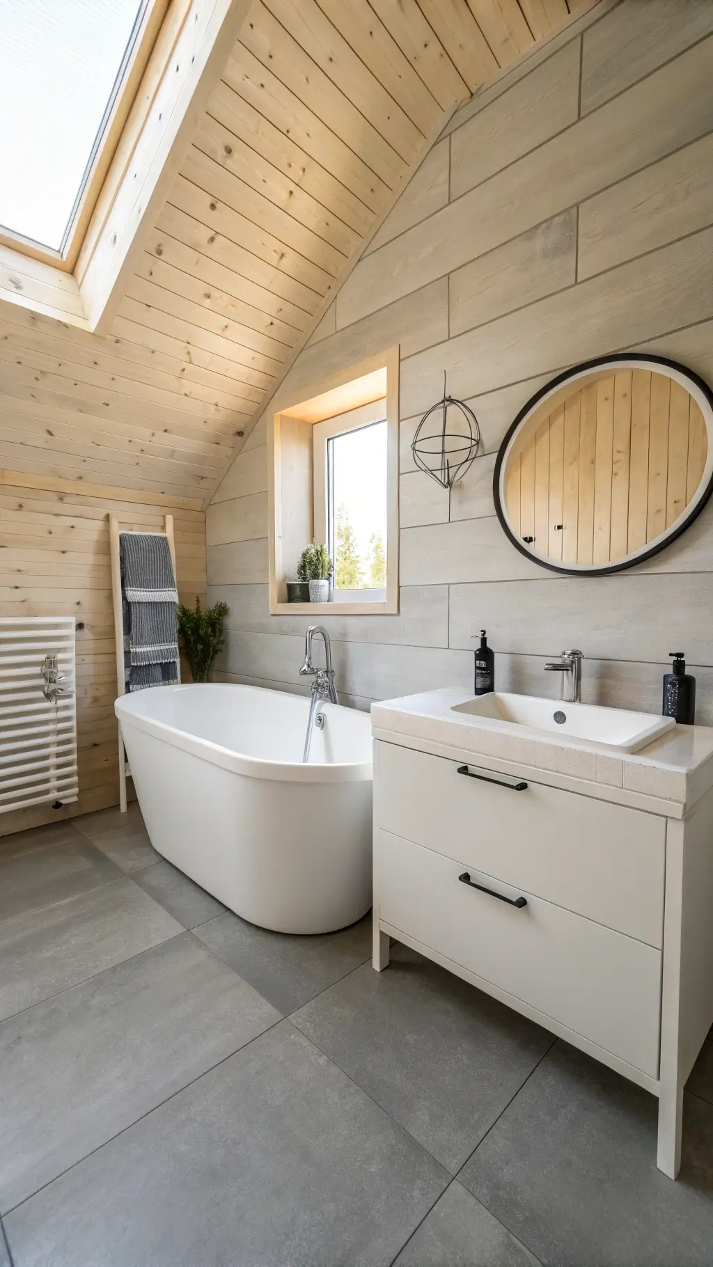 Scandinavian-style bathroom with white tub against pale pine slat wall, concrete-look tiles, simple vanity, round mirror, hidden storage, morning light
