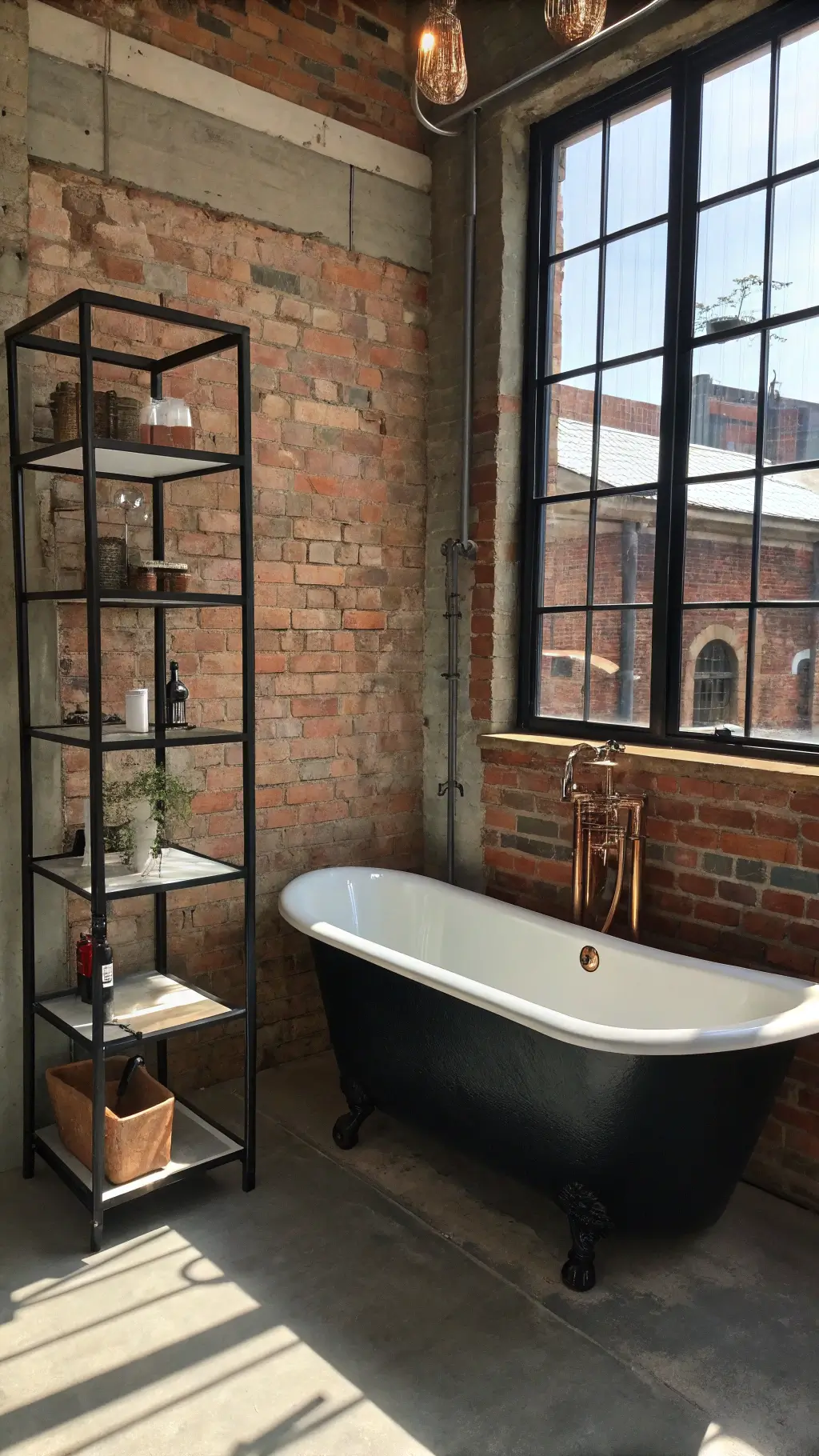 urban-style 7x7ft bathroom with black cast iron tub, exposed brick wall, metal and glass shelving, concrete vanity with copper fixtures, bright natural light from factory window