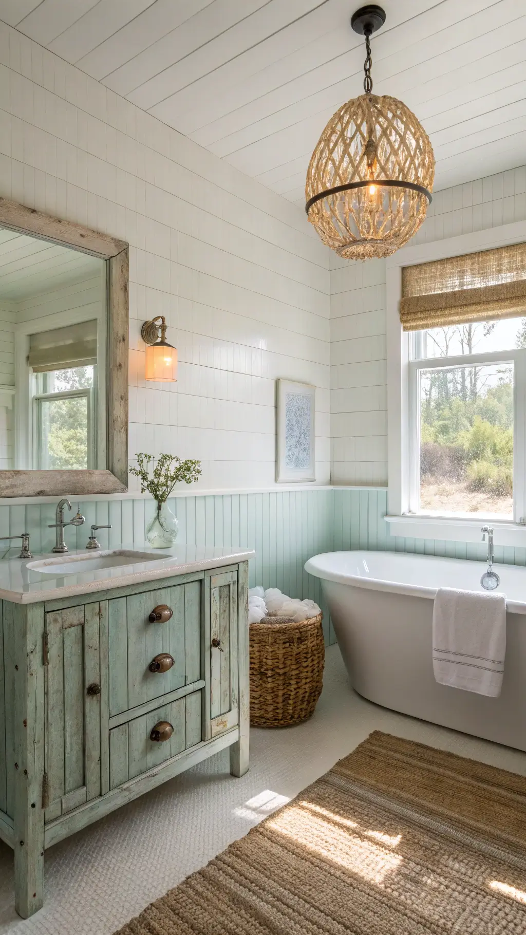 coastal bathroom with white beadboard walls, sea glass tiles, compact soaking tub, weathered wood vanity, woven pendant light, natural fiber rug in soft afternoon light