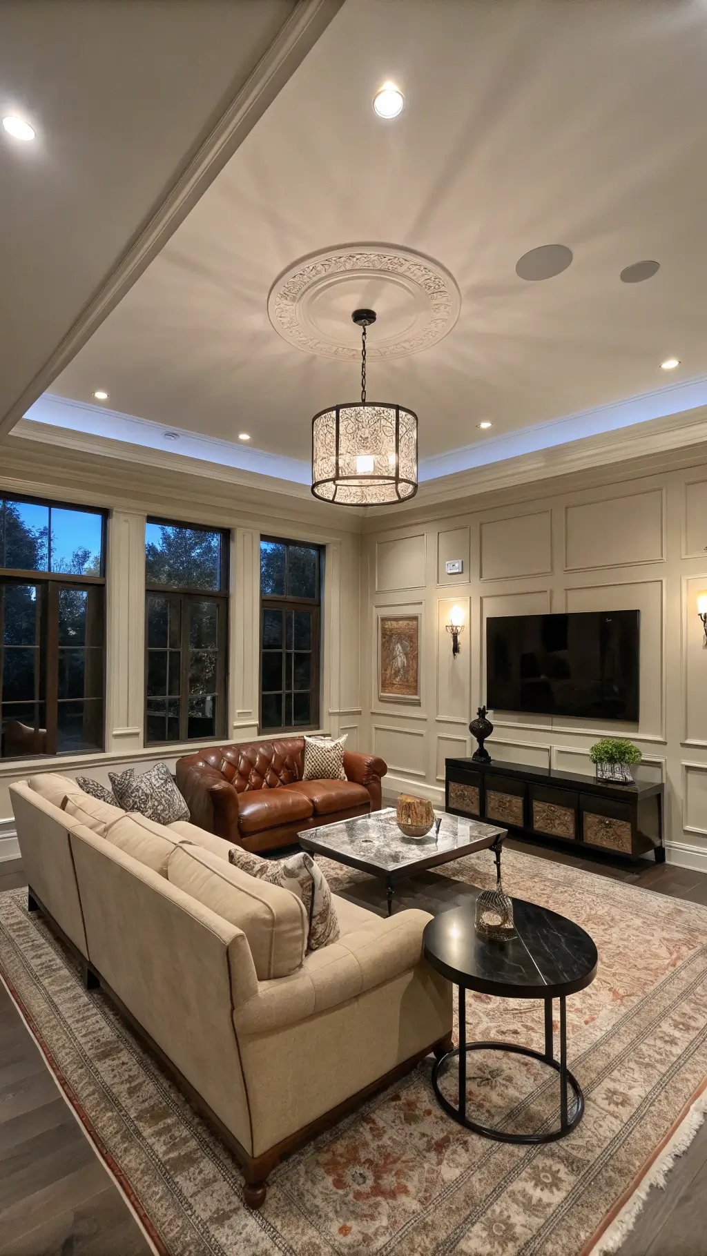 Traditional and contemporary living room at dusk with recessed lighting, alabaster pendant, oatmeal sectional, vintage leather armchair, black steel-framed tables with marble tops, silk pillows, and distressed Persian rug.