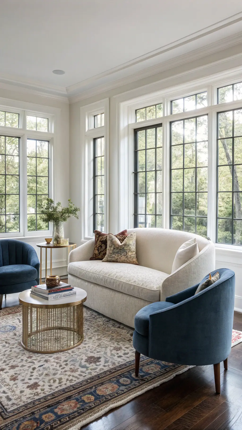Bright living room with floor-to-ceiling windows, ivory bouclé sofa, slate blue velvet chairs, brass accent tables, round marble coffee table, layered rugs, linen drapes, and throw pillows under natural light.