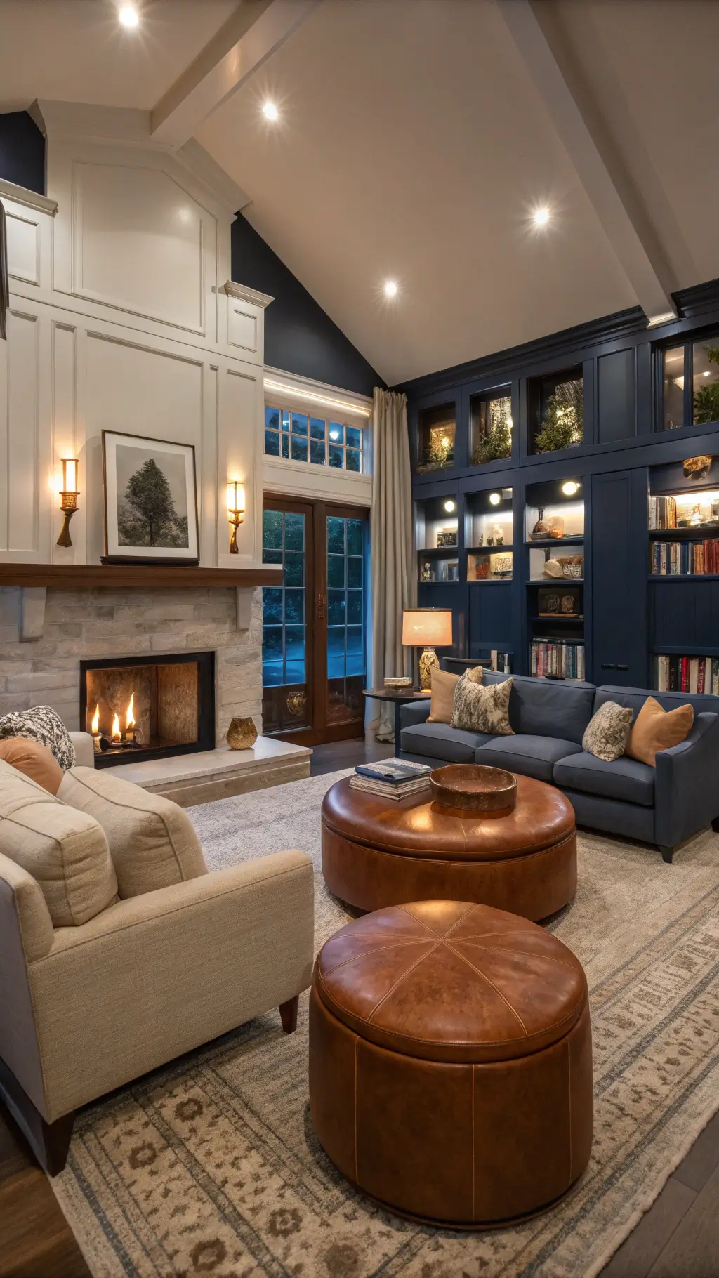 Cozy twilight living room with warm accent lighting, navy built-in bookcases, limestone fireplace, plush grey sectional, cream swivel chairs, and cognac leather ottoman on Moroccan rug.