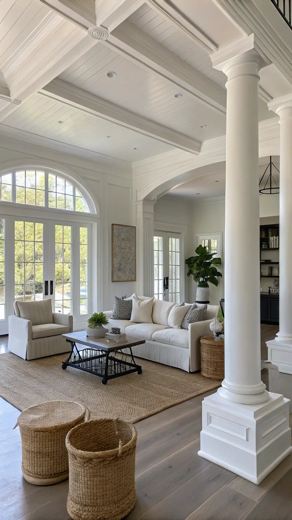 Open-concept living room in morning light with high ceilings, architectural columns, white oak floors and walls, greige linen sofa, ivory velvet club chairs, blackened steel coffee table with natural stone top, jute rug, woven baskets, and textured ceramic vessels.