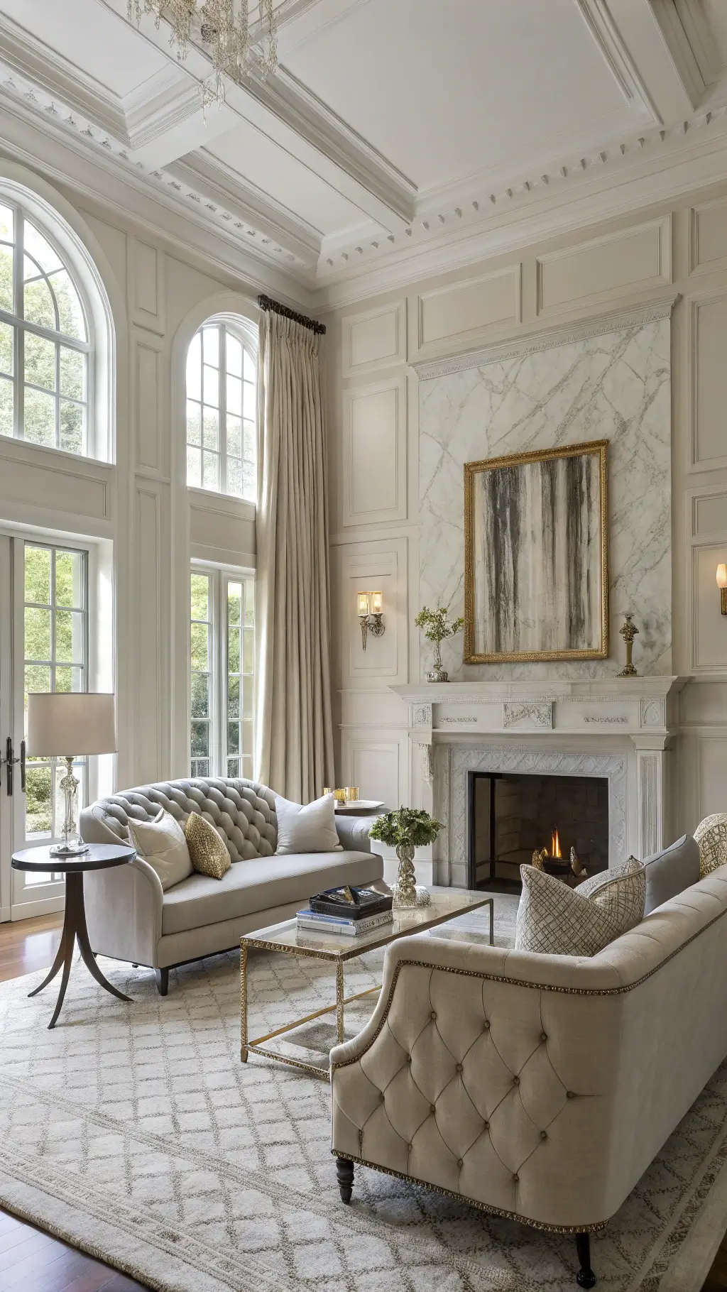 Elegant formal living room with marble fireplace, tall windows with silk drapery, pearl grey velvet furniture, metal accent tables, hand-knotted wool rug, and glass accessories.